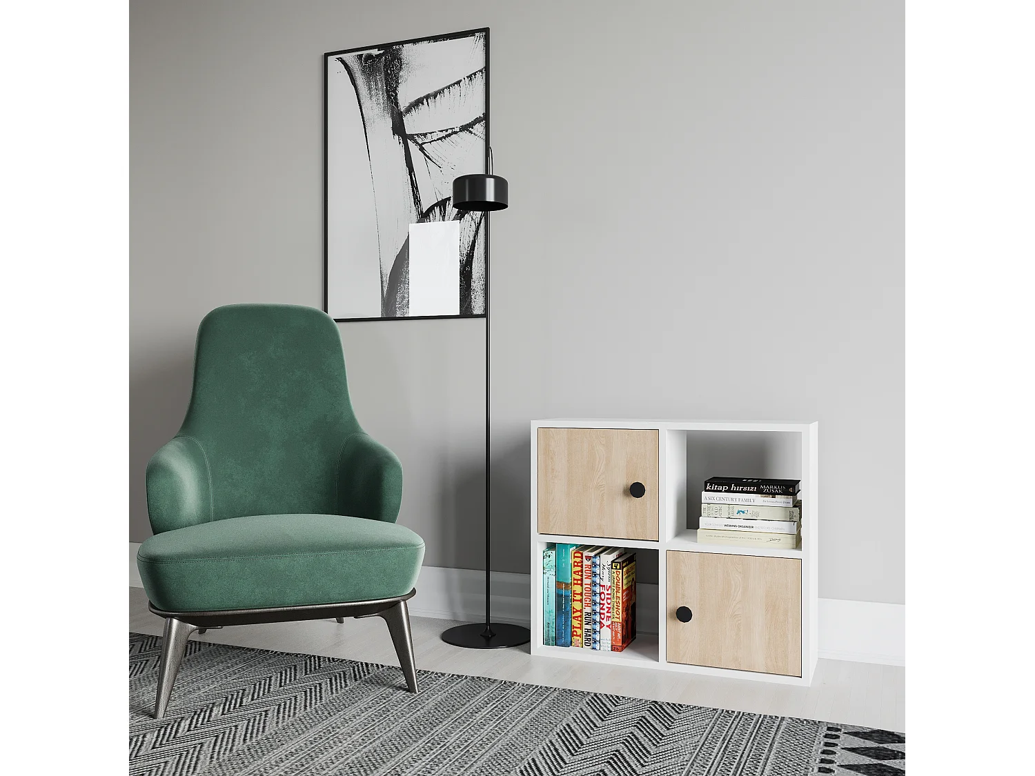 Bibliothèque Tuttle minimaliste avec deux étageres et deux armoires 63 cm H  (Blanc et chêne)