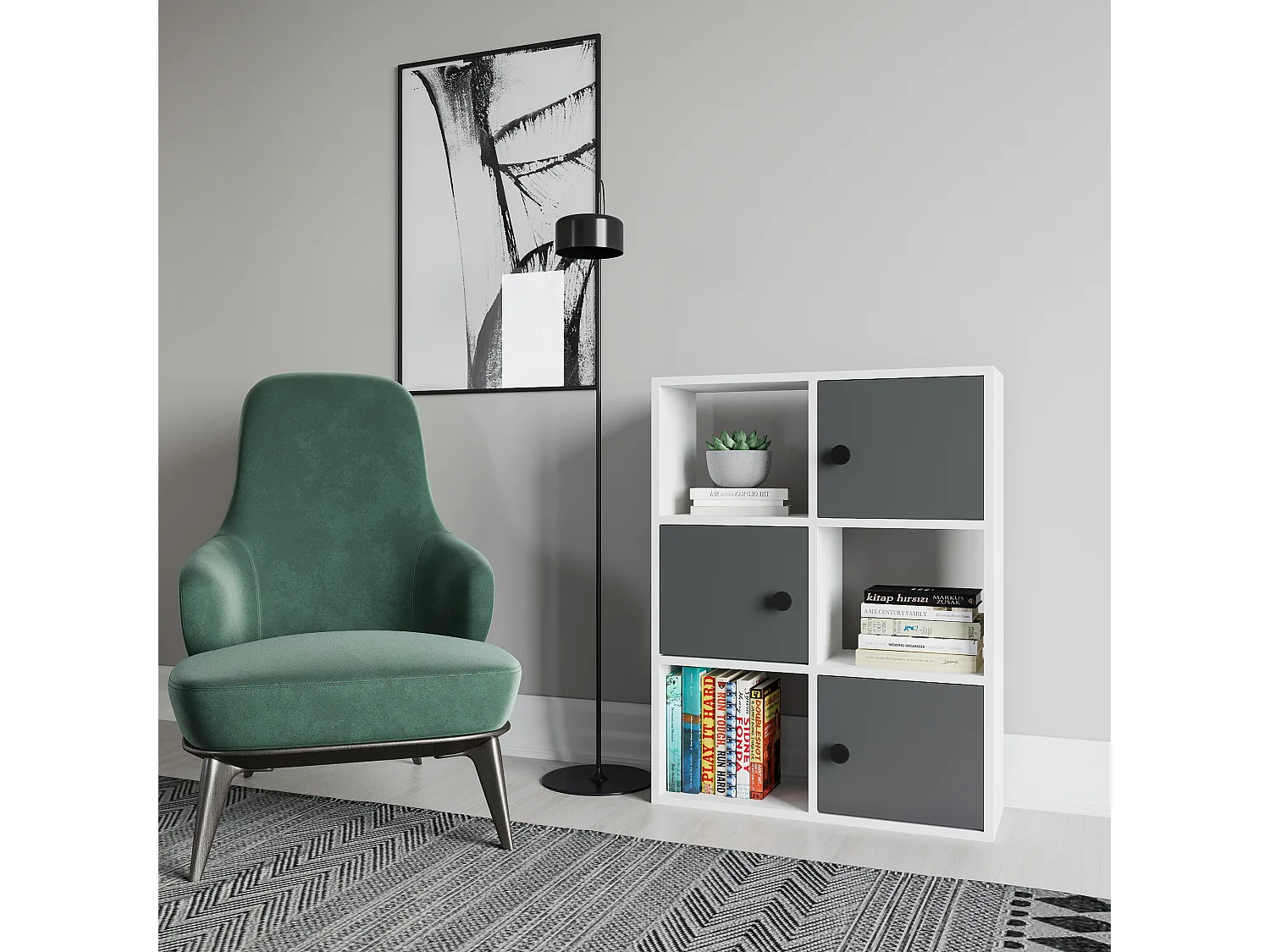 Bibliothèque Tilton 94 cm Armoires et Etagères ouvertes (Blanc et Anthracite )