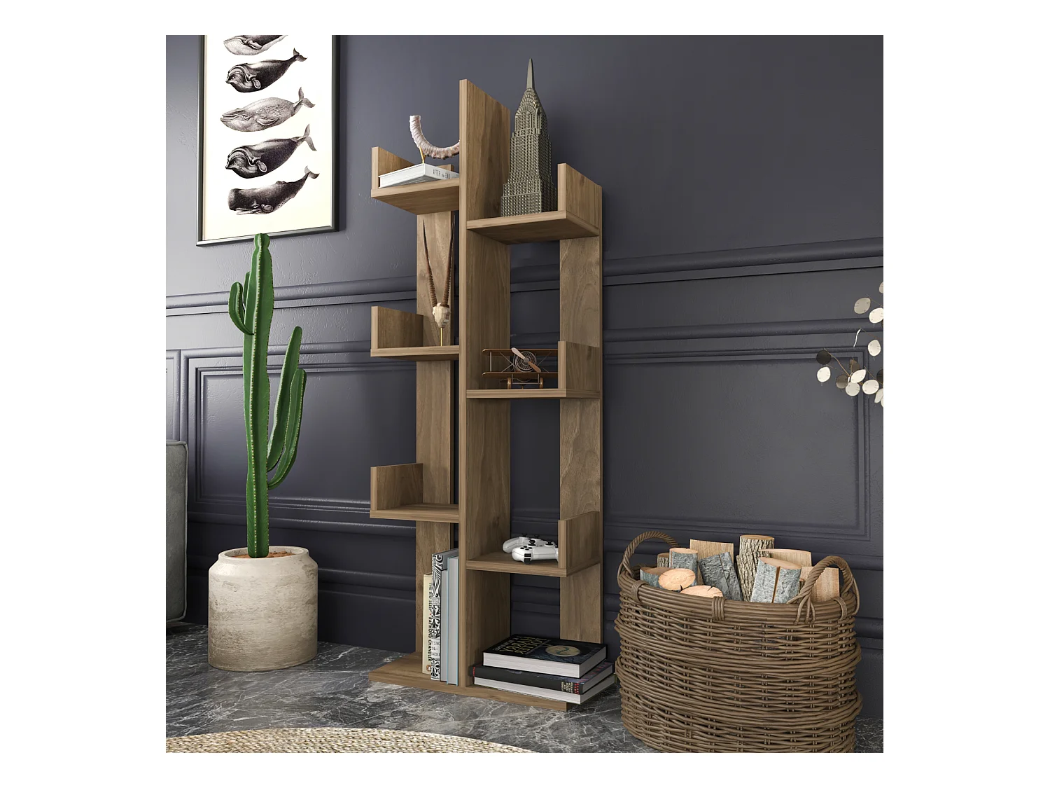 Biblothèque de 137 cm en forme d'arbre, Luisa, 6 étagères (Noyer)