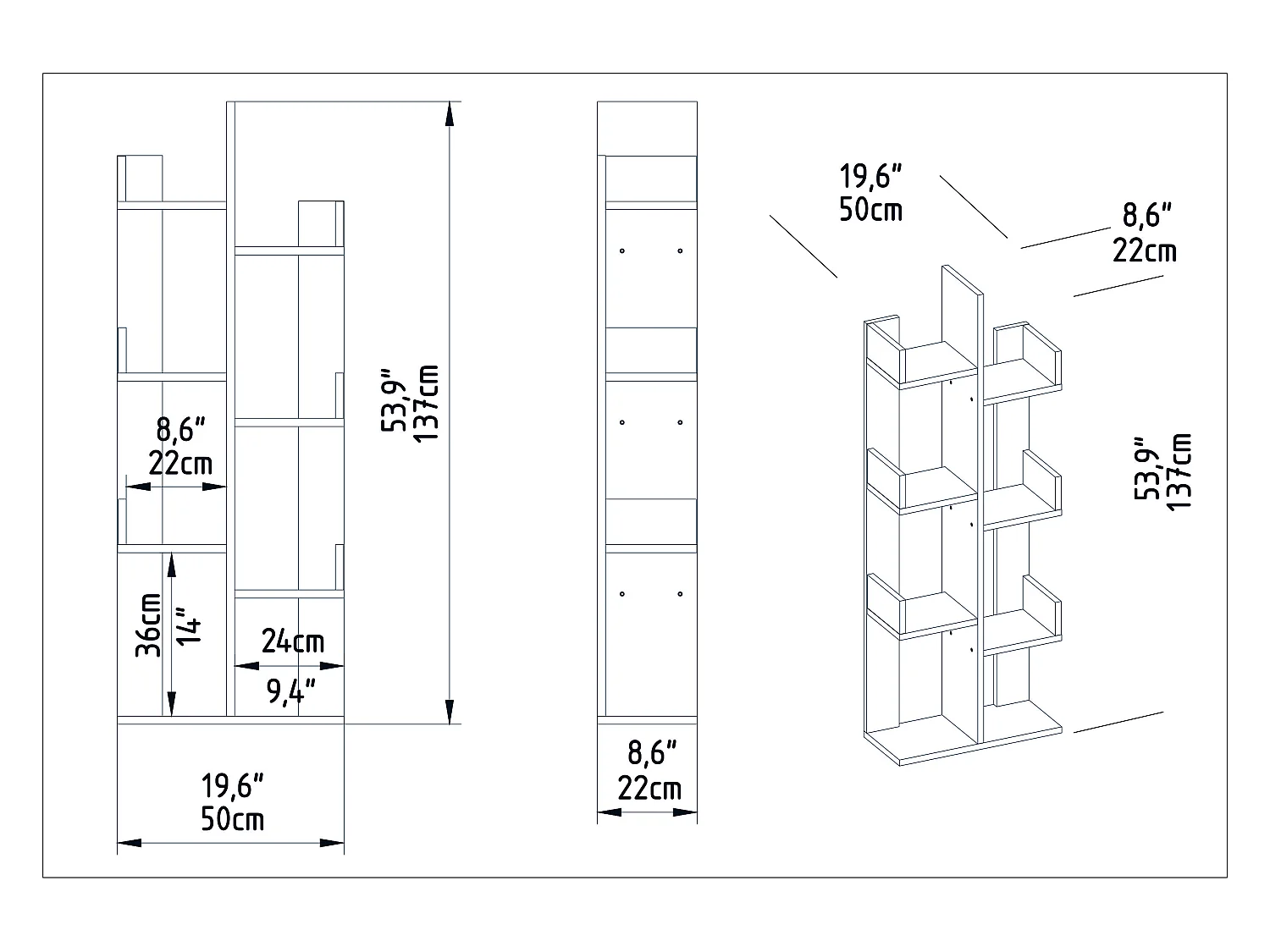 Biblothèque de 137 cm en forme d'arbre, Luisa, 6 étagères (Noyer)