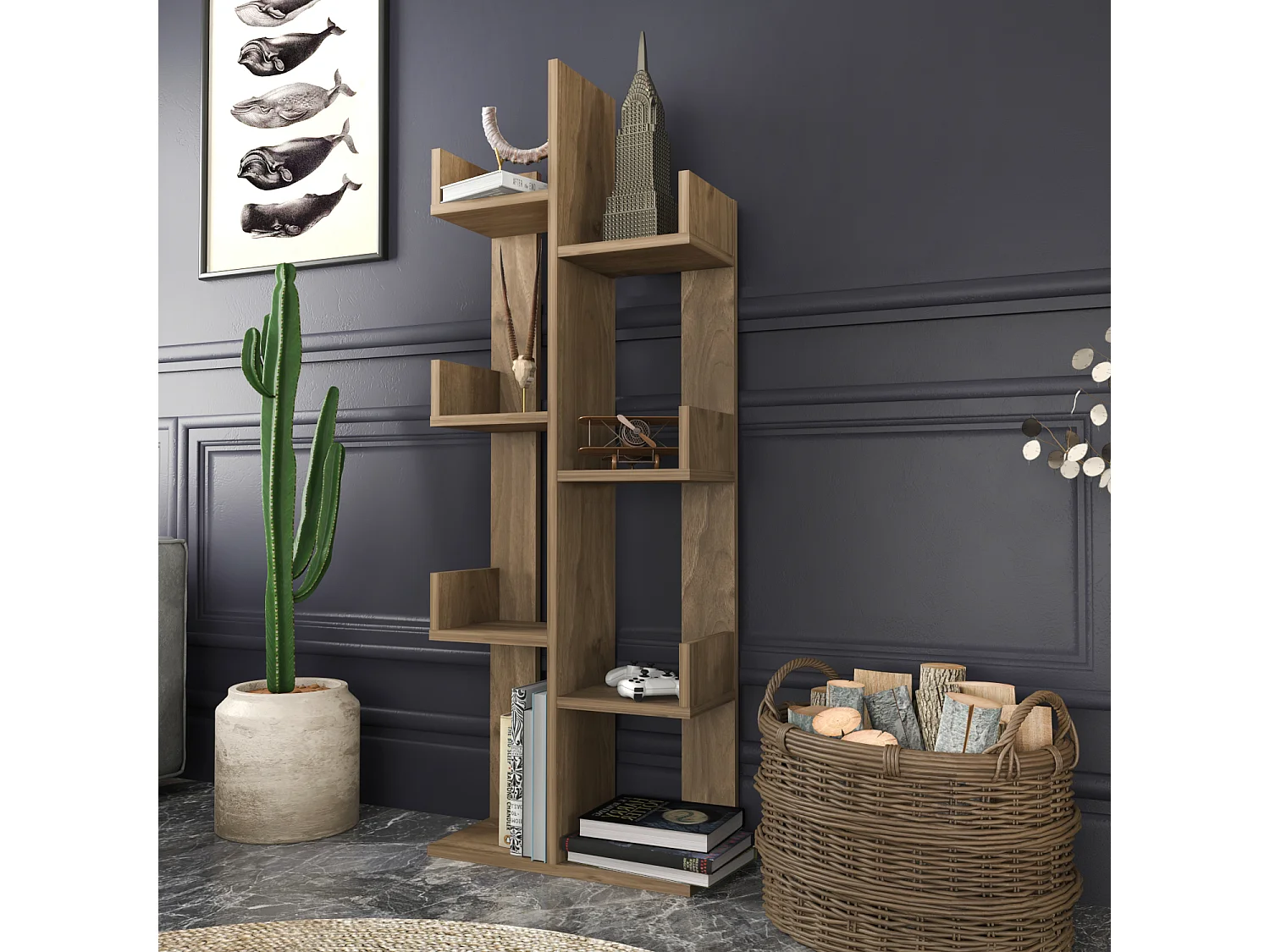 Biblothèque de 137 cm en forme d'arbre, Luisa, 6 étagères (Noyer)