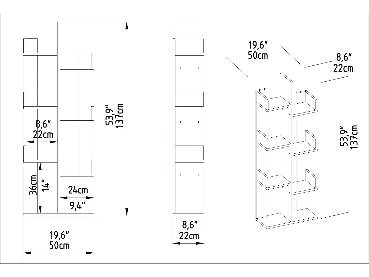 Biblothèque de 137 cm en forme d'arbre, Luisa, 6 étagères (Noyer)