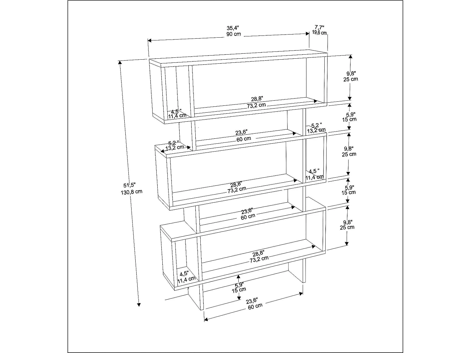 Bibliothèque Elze 130 cm Hauteur 5 étagères, panneau d'arrière partiel, rangement