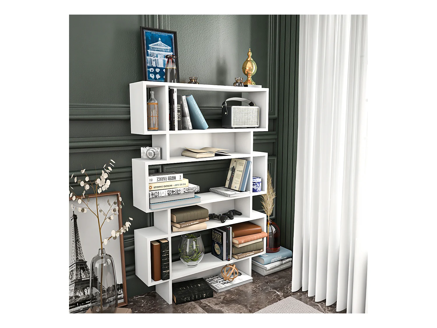 Bibliothèque Elze 130 cm Hauteur 5 étagères, panneau d'arrière partiel, rangement