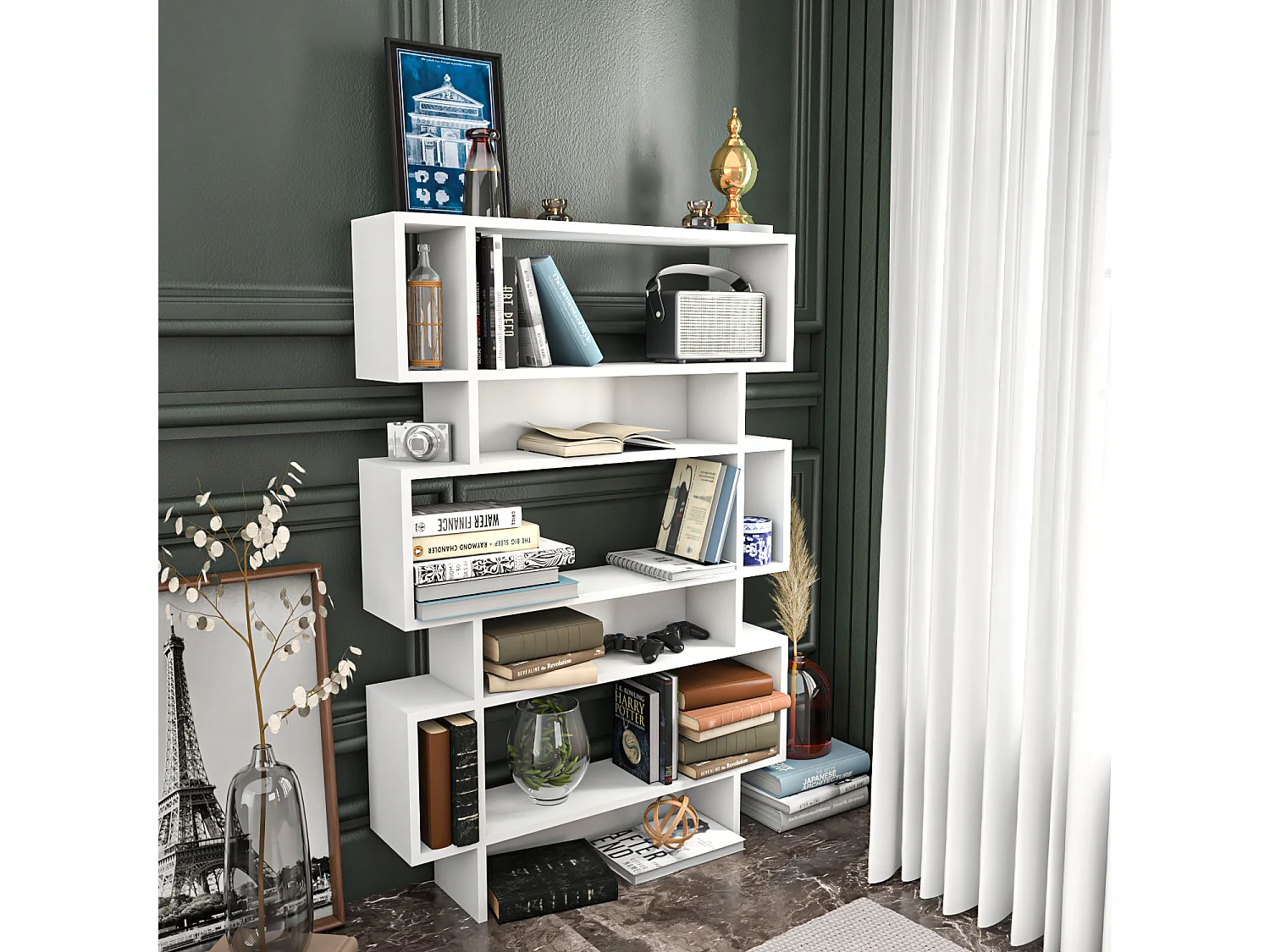 Bibliothèque Elze 130 cm Hauteur 5 étagères, panneau d'arrière partiel, rangement