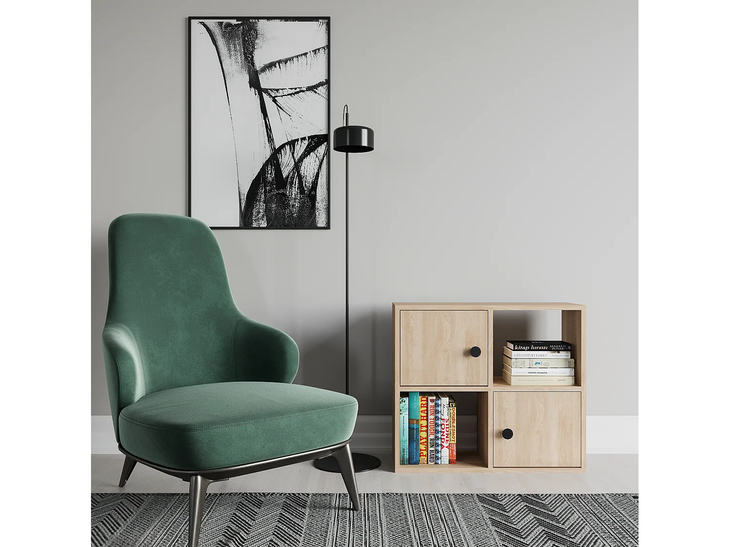 Bibliothèque Tuttle minimaliste avec deux étageres et deux armoires 63 cm H  (Chêne)