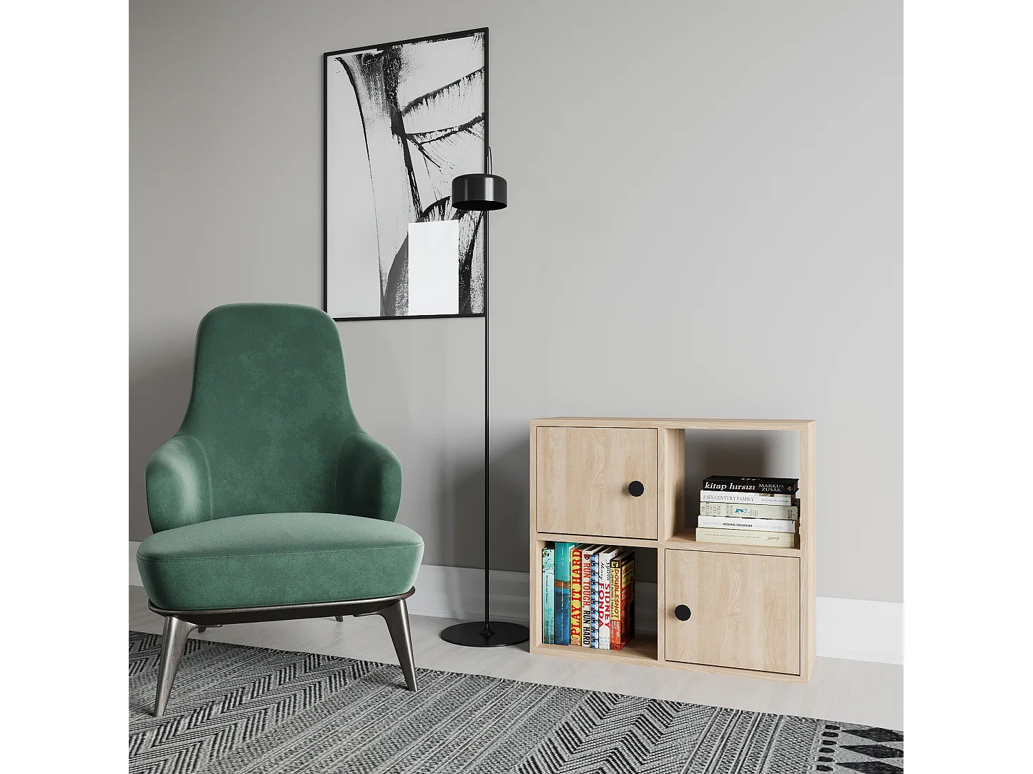 Bibliothèque Tuttle minimaliste avec deux étageres et deux armoires 63 cm H  (Chêne)