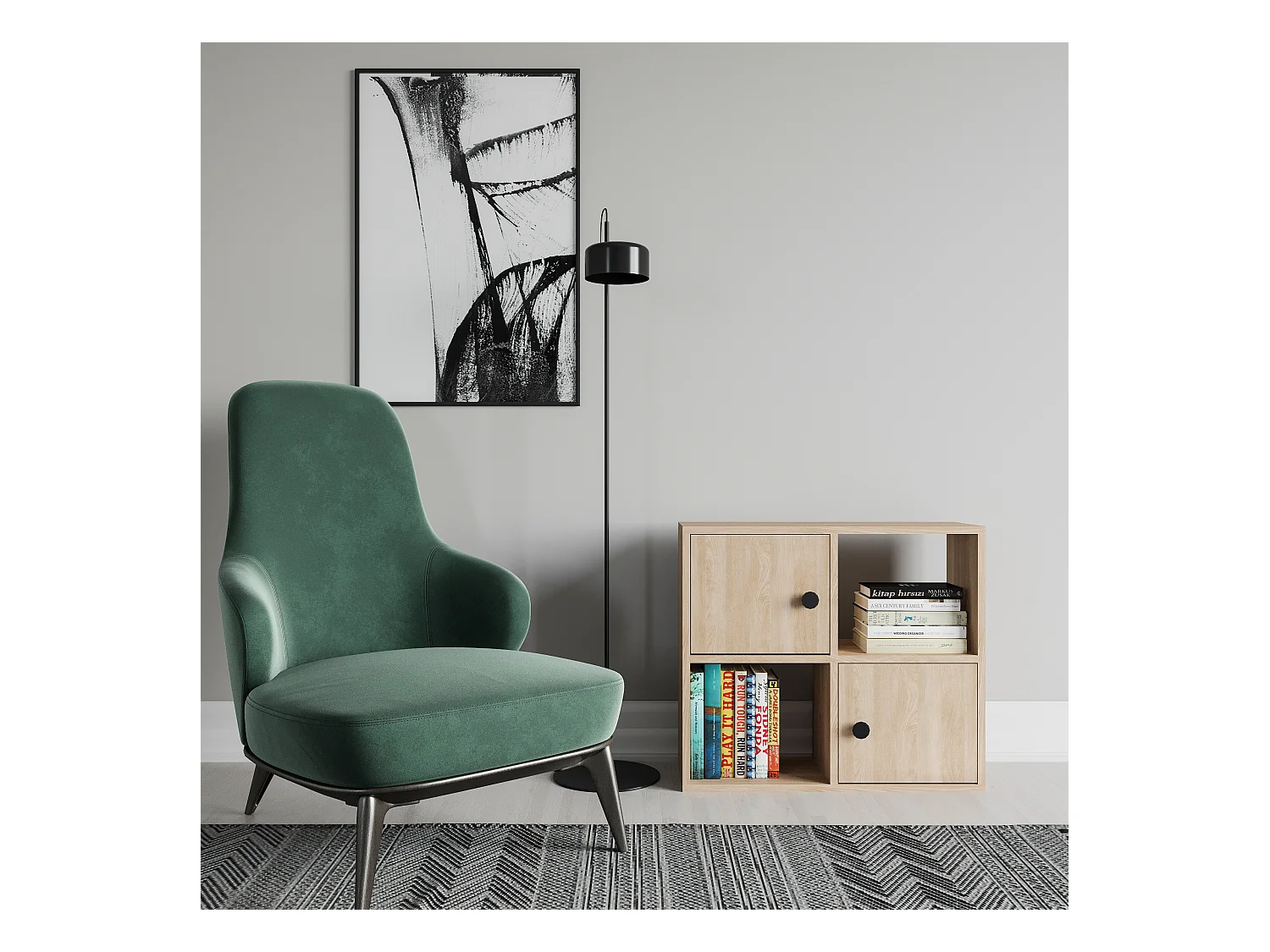 Bibliothèque Tuttle minimaliste avec deux étageres et deux armoires 63 cm H  (Chêne)