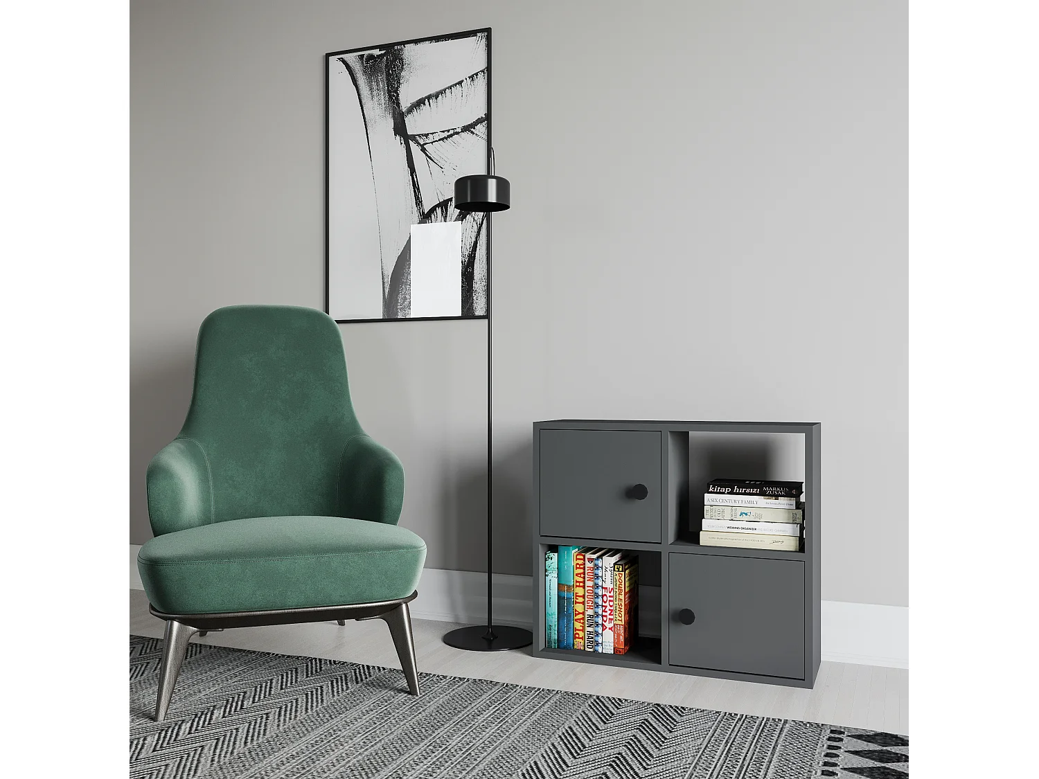 Bibliothèque Tuttle minimaliste avec deux étageres et deux armoires 63 cm H  (Anthracite)