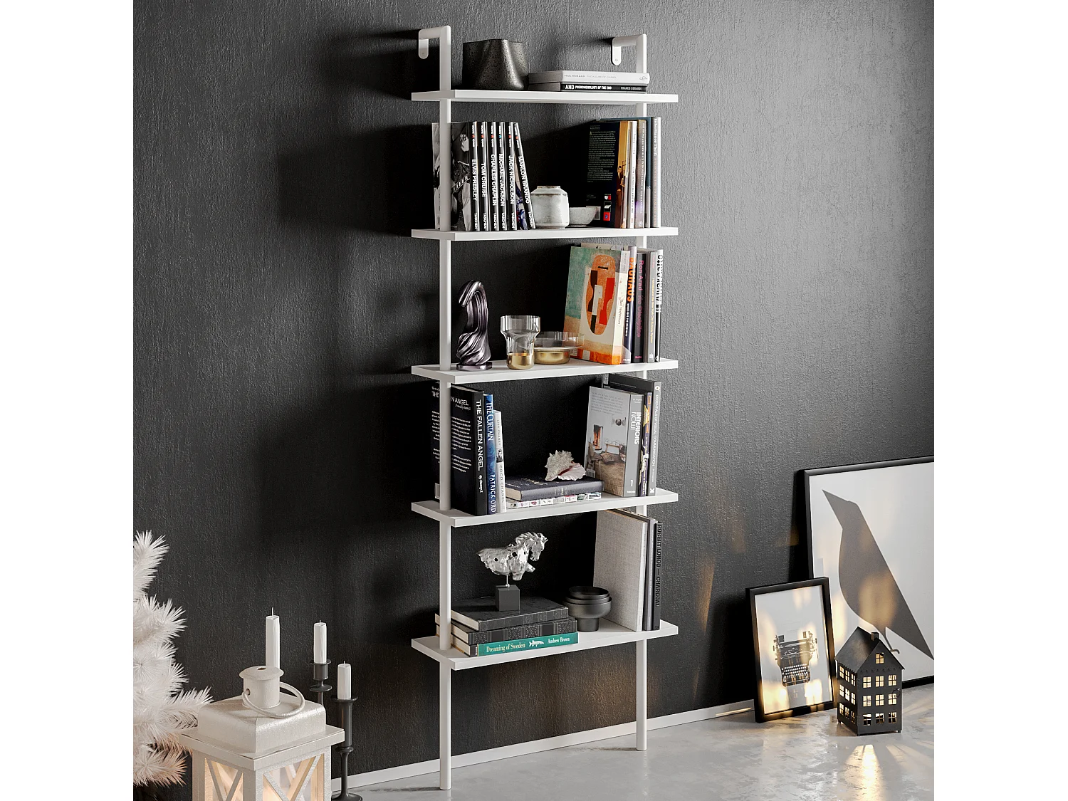 Bibliothèque Paula murale 5 étagères, cadre en métal  (Blanc)