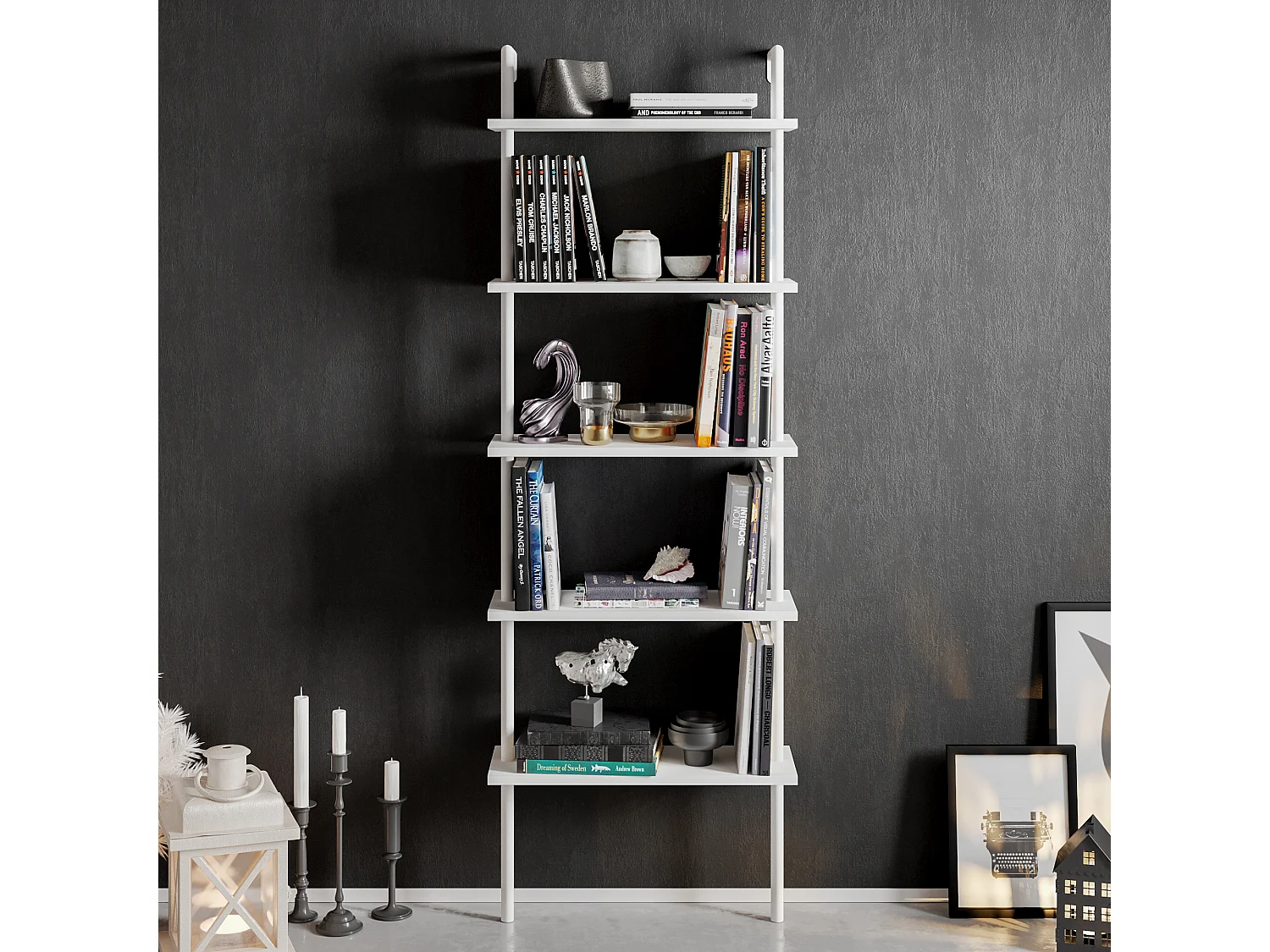 Bibliothèque Paula murale 5 étagères, cadre en métal  (Blanc)