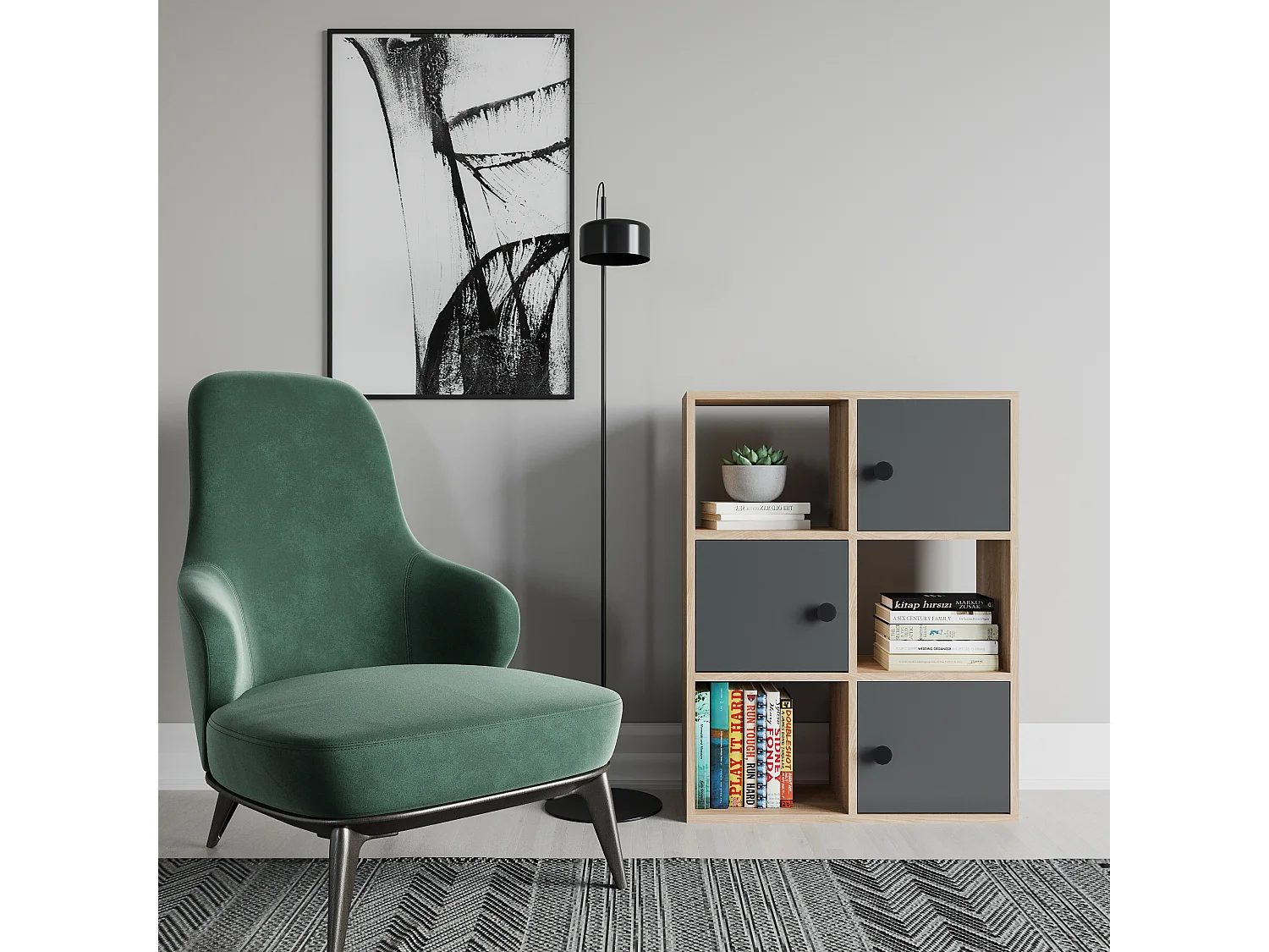 Bibliothèque Tilton 94 cm Armoires et Etagères ouvertes (Chêne et Anthracite )