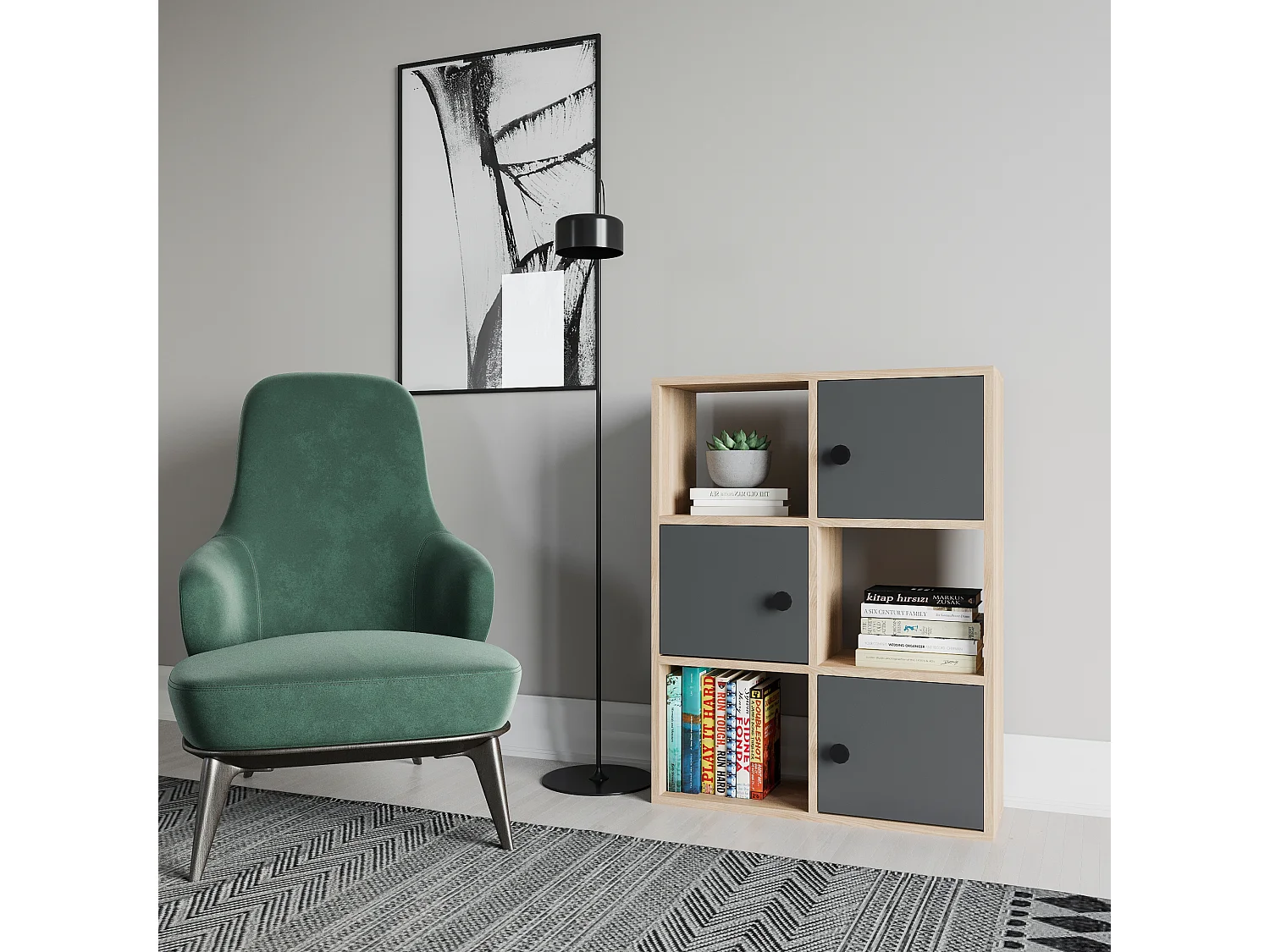 Bibliothèque Tilton 94 cm Armoires et Etagères ouvertes (Chêne et Anthracite )