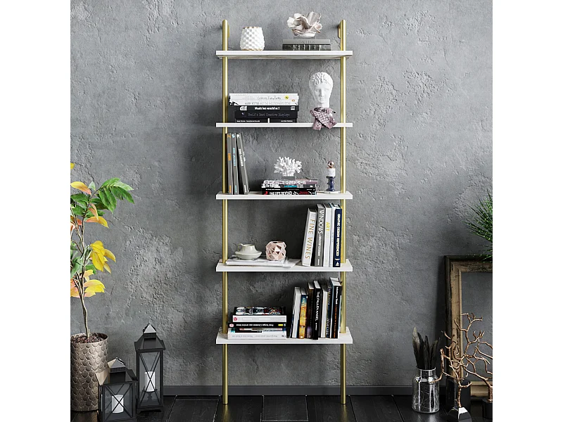 Bibliothèque Paula murale 5 étagères, cadre en métal (Doré et Effet marbre blanc)