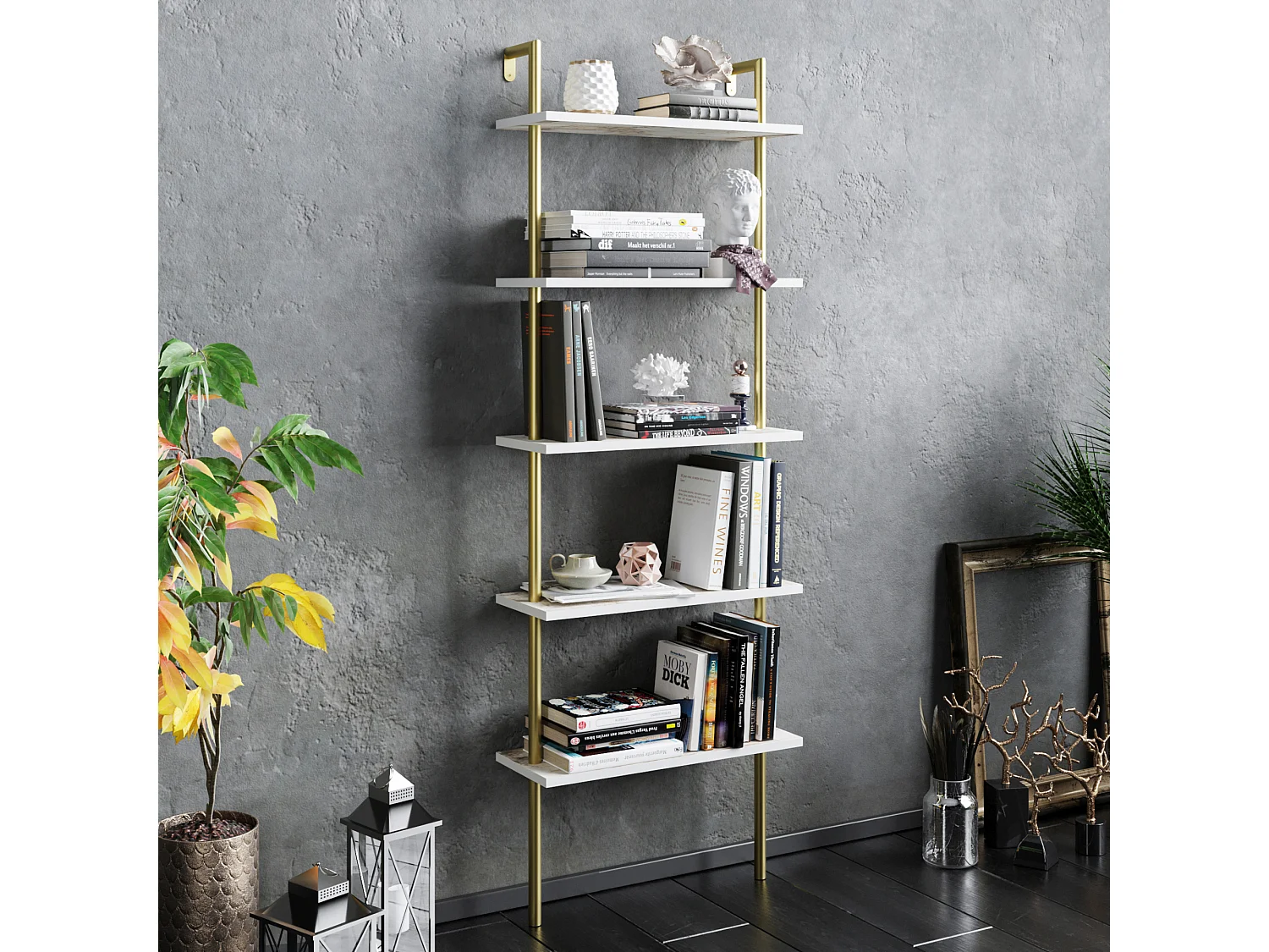 Bibliothèque Paula murale 5 étagères, cadre en métal (Doré et Effet marbre blanc)
