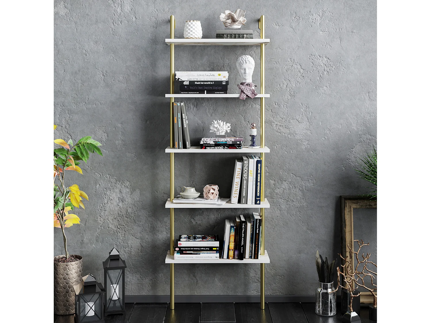 Bibliothèque Paula murale 5 étagères, cadre en métal (Doré et Effet marbre blanc)
