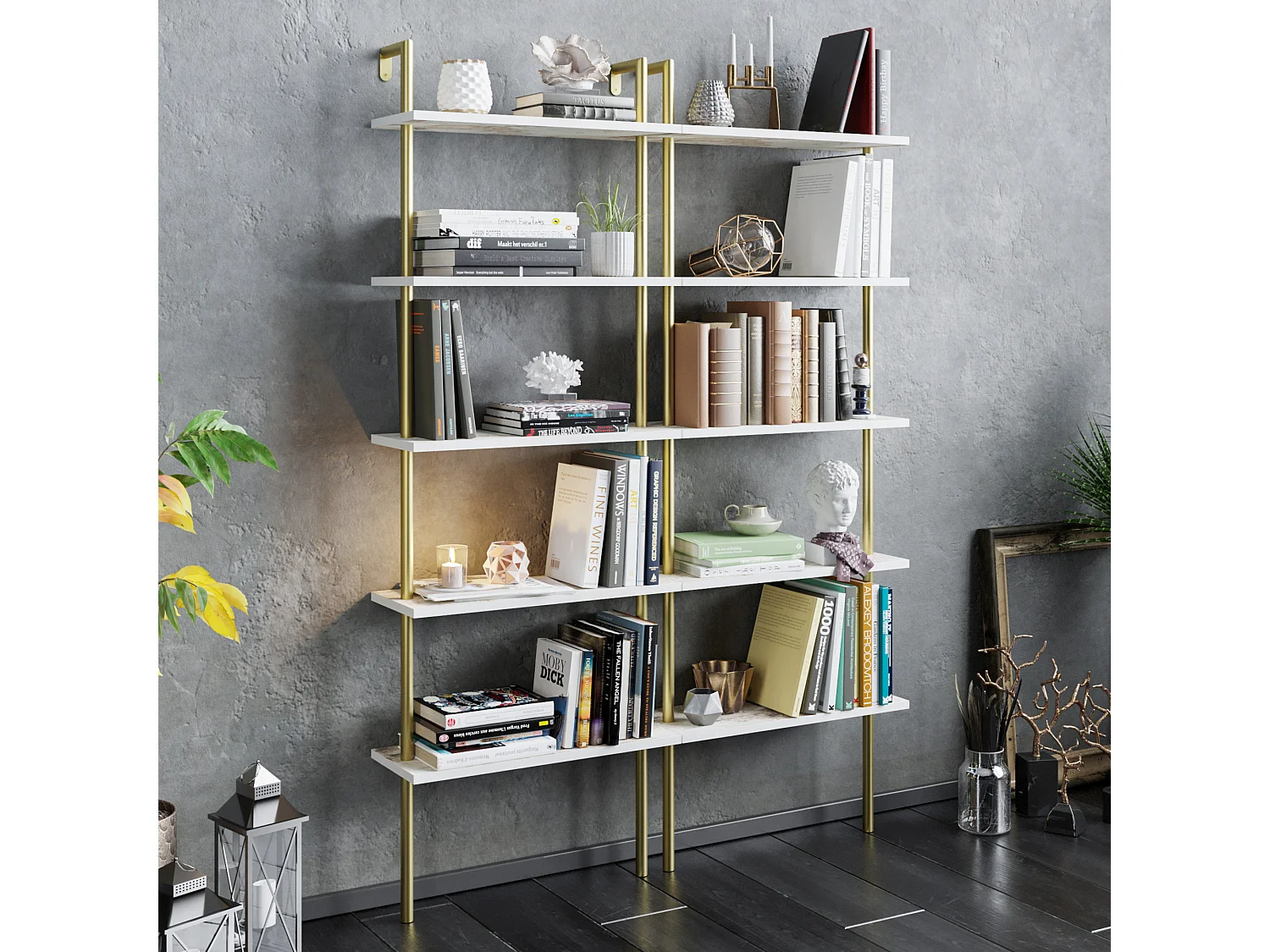 Bibliothèque Paula murale 5 étagères, cadre en métal (Doré et Effet marbre blanc)