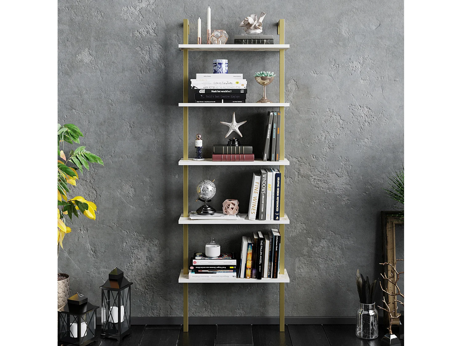 Decorotika Piante 5-tier Bookcase Display Stand - 60 cm W x  22 cm D x 174 cm H (Wall Mountable)