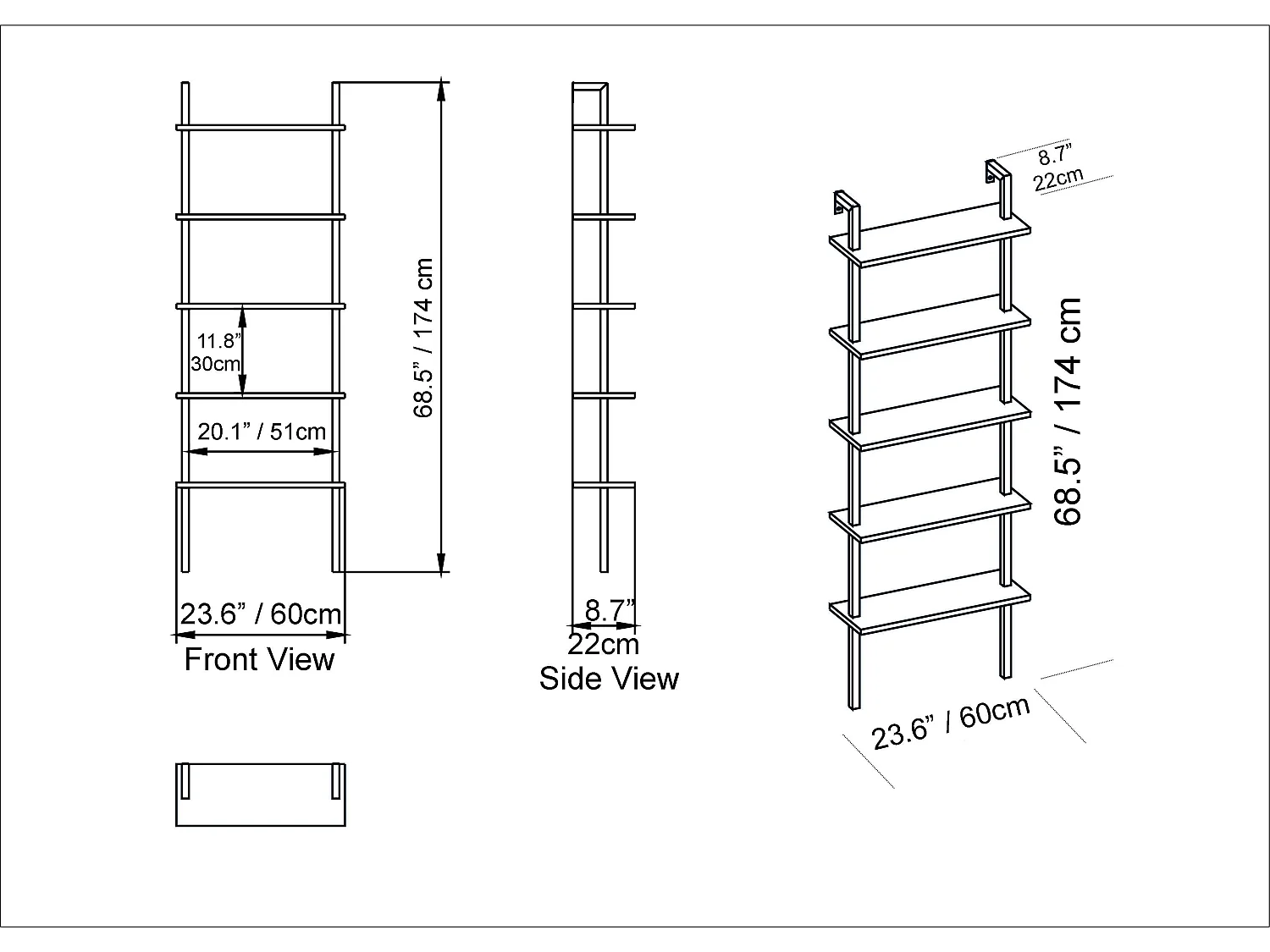 Decorotika Piante 5-tier Bookcase Display Stand - 60 cm W x  22 cm D x 174 cm H (Wall Mountable)