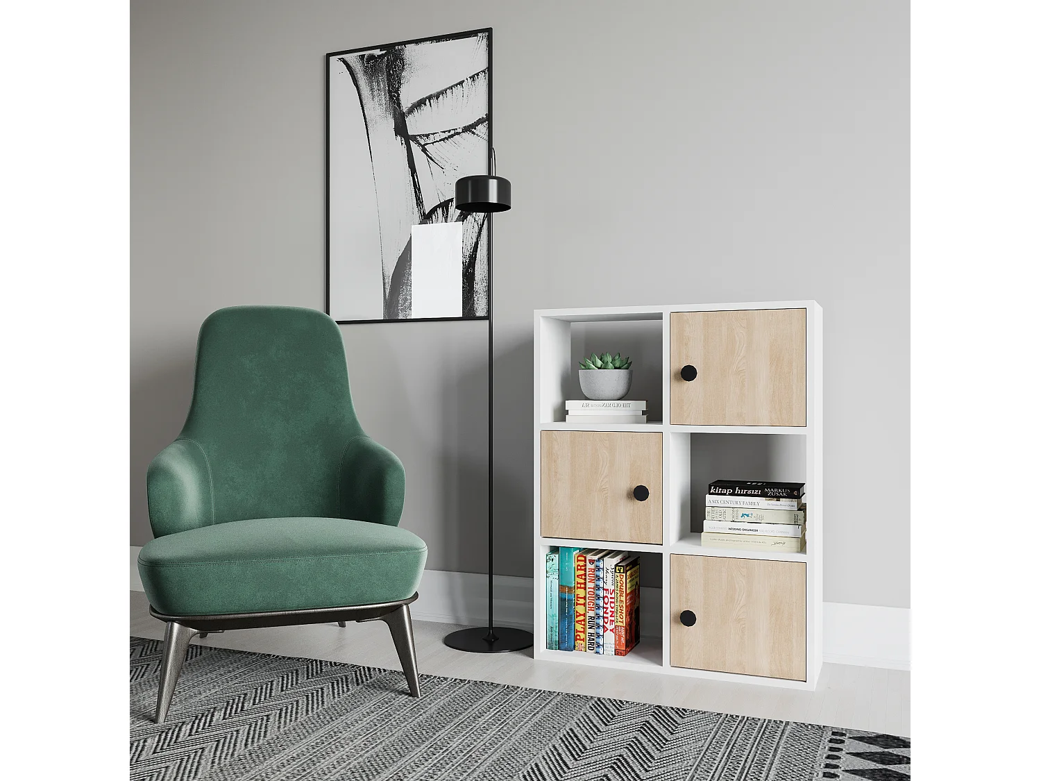 Bibliothèque Tilton 94 cm Armoires et Etagères ouvertes (Blanc et Chêne)