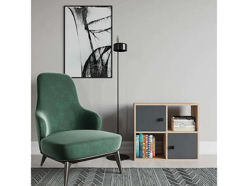 Bibliothèque Tuttle minimaliste avec deux étageres et deux armoires 63 cm H  (Chêne et Anthracite)