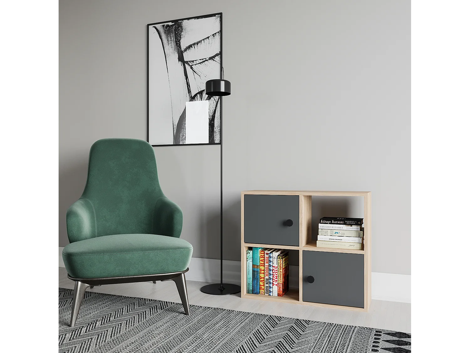 Bibliothèque Tuttle minimaliste avec deux étageres et deux armoires 63 cm H  (Chêne et Anthracite)