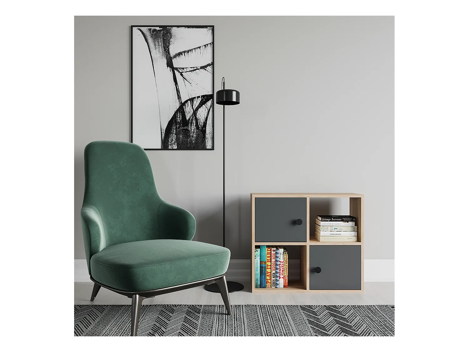 Bibliothèque Tuttle minimaliste avec deux étageres et deux armoires 63 cm H  (Chêne et Anthracite)