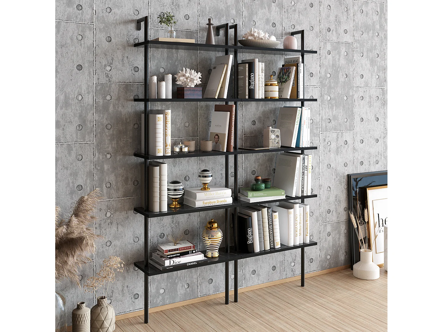 Bibliothèque Paula murale 5 étagères, cadre en métal (Effet marbre noir et noir)