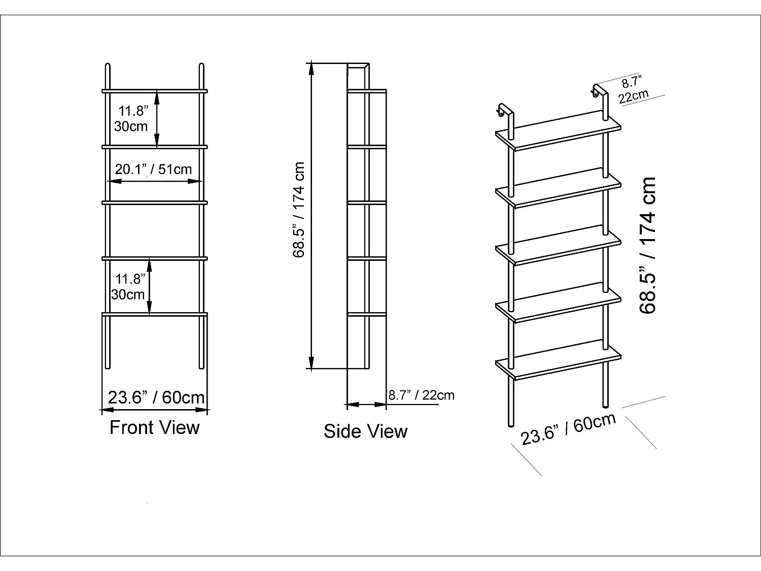 Decorotika Paula 5-tier Bookcase Shelving Unit Display Stand -  60 cm W x  22 cm D x 174 cm H