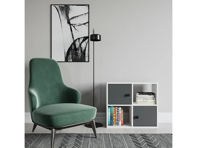 Bibliothèque Tuttle minimaliste avec deux étageres et deux armoires 63 cm H  (Blanc et anthracite)