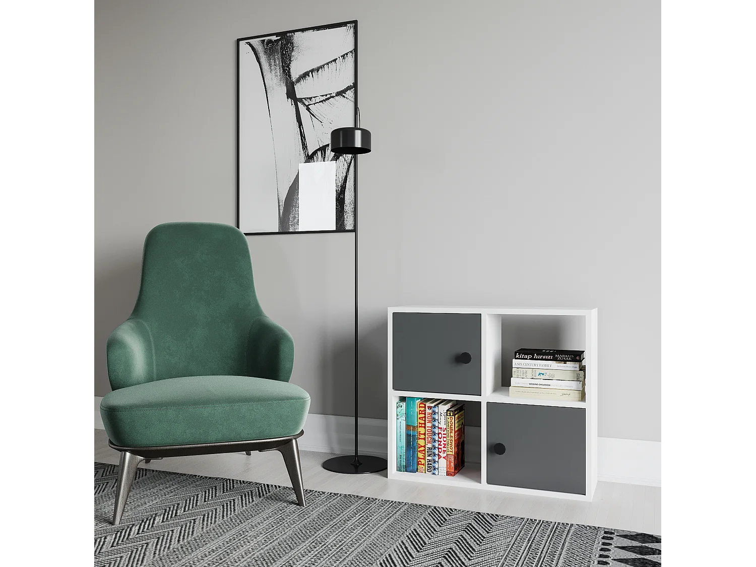 Bibliothèque Tuttle minimaliste avec deux étageres et deux armoires 63 cm H  (Blanc et anthracite)