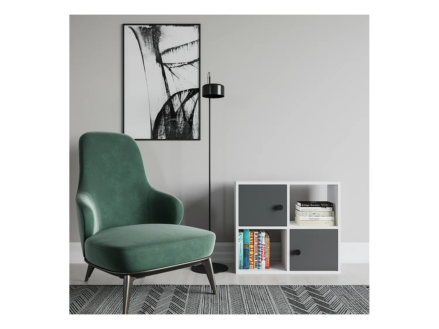 Bibliothèque Tuttle minimaliste avec deux étageres et deux armoires 63 cm H  (Blanc et anthracite)