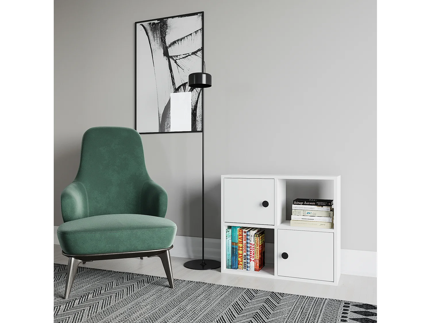 Bibliothèque Tuttle minimaliste avec deux étageres et deux armoires 63 cm H  (Blanc)