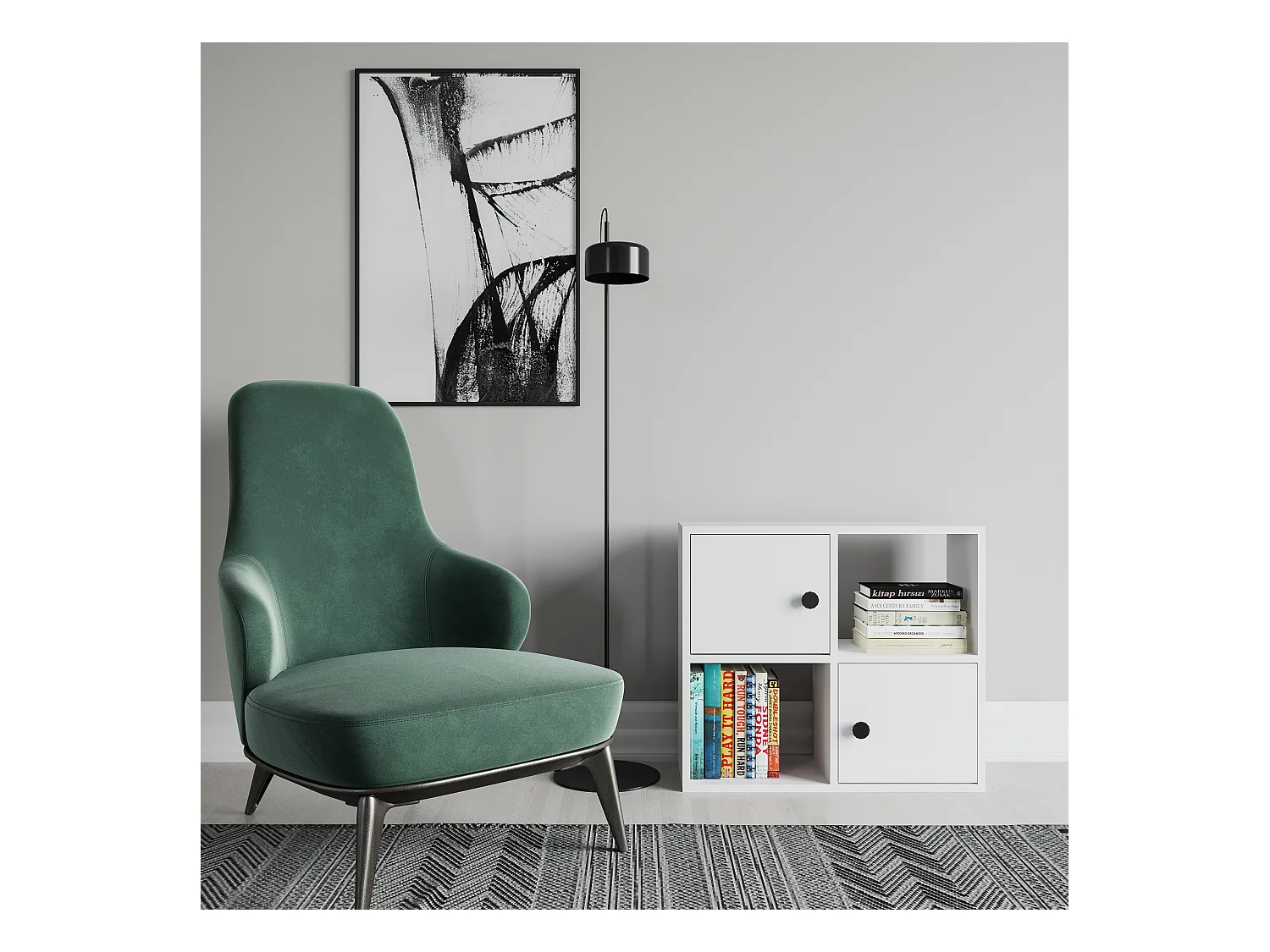 Bibliothèque Tuttle minimaliste avec deux étageres et deux armoires 63 cm H  (Blanc)