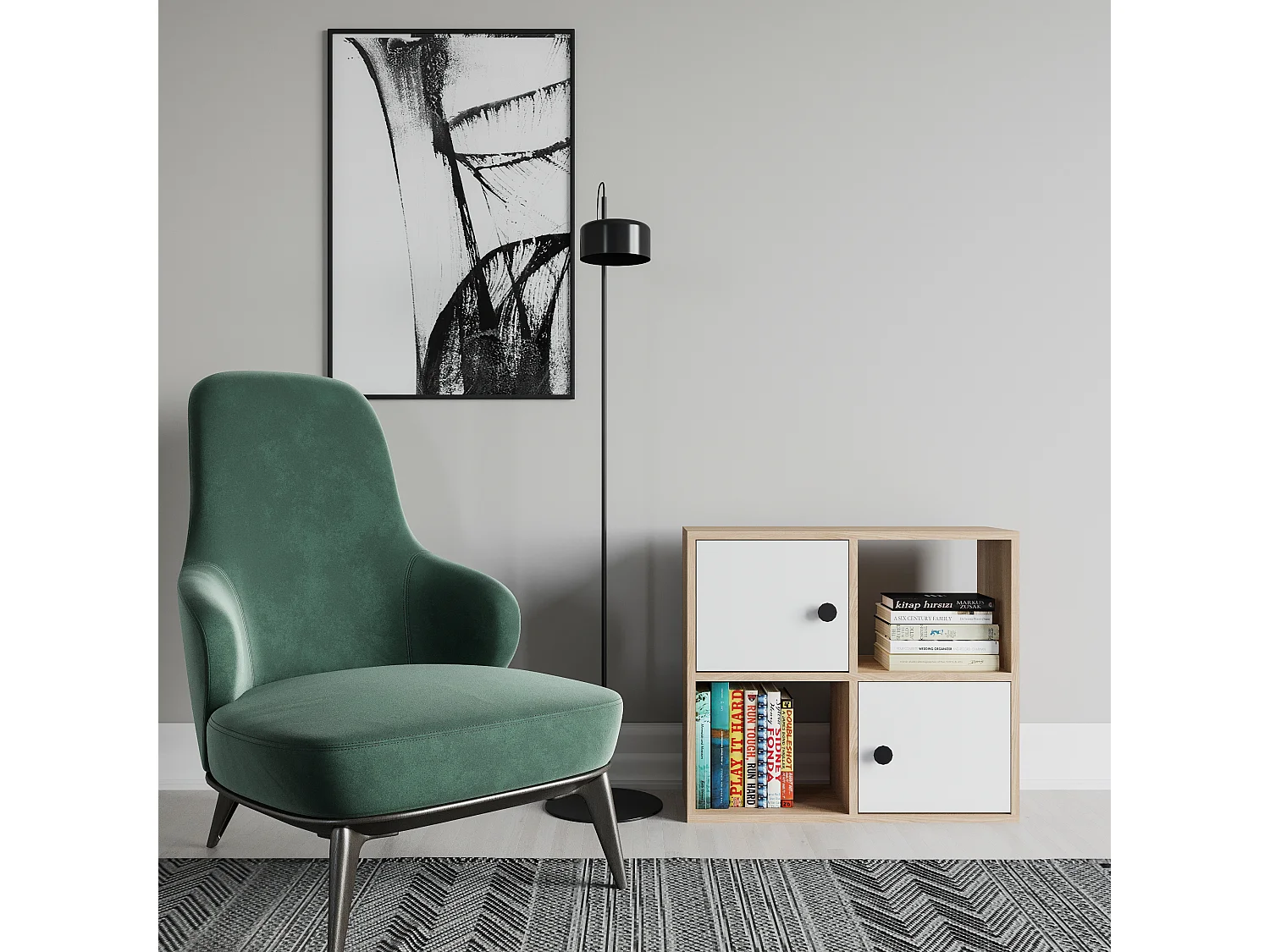 Bibliothèque Tuttle minimaliste avec deux étageres et deux armoires 63 cm H  (Chêne et Blanc)