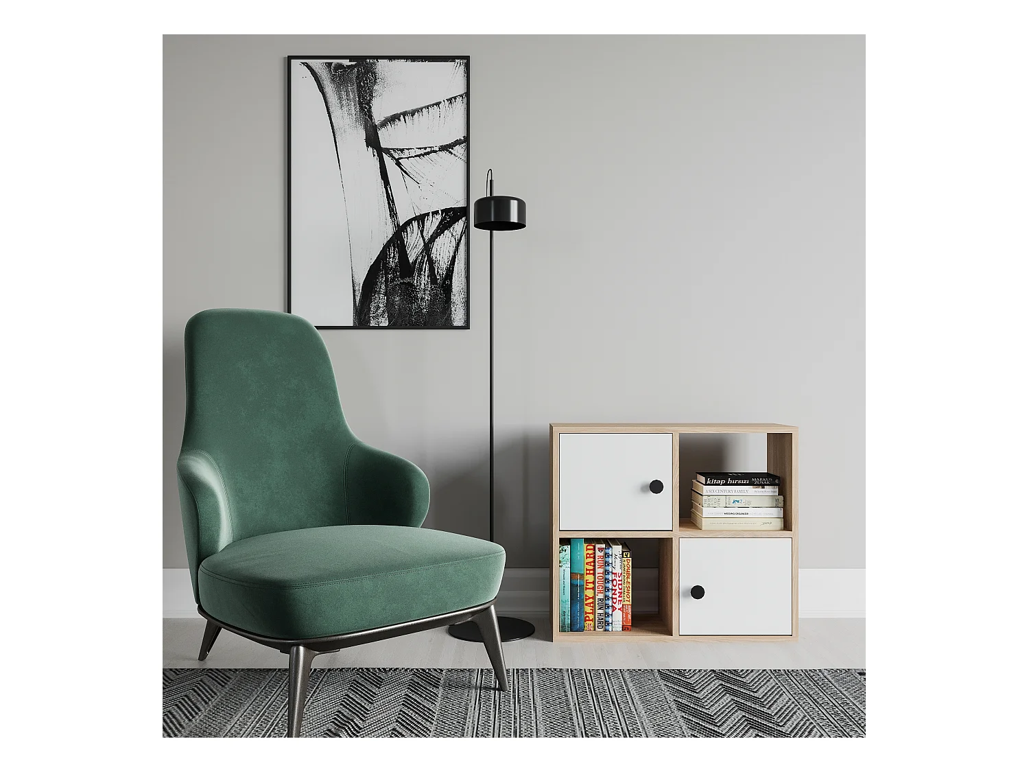 Bibliothèque Tuttle minimaliste avec deux étageres et deux armoires 63 cm H  (Chêne et Blanc)