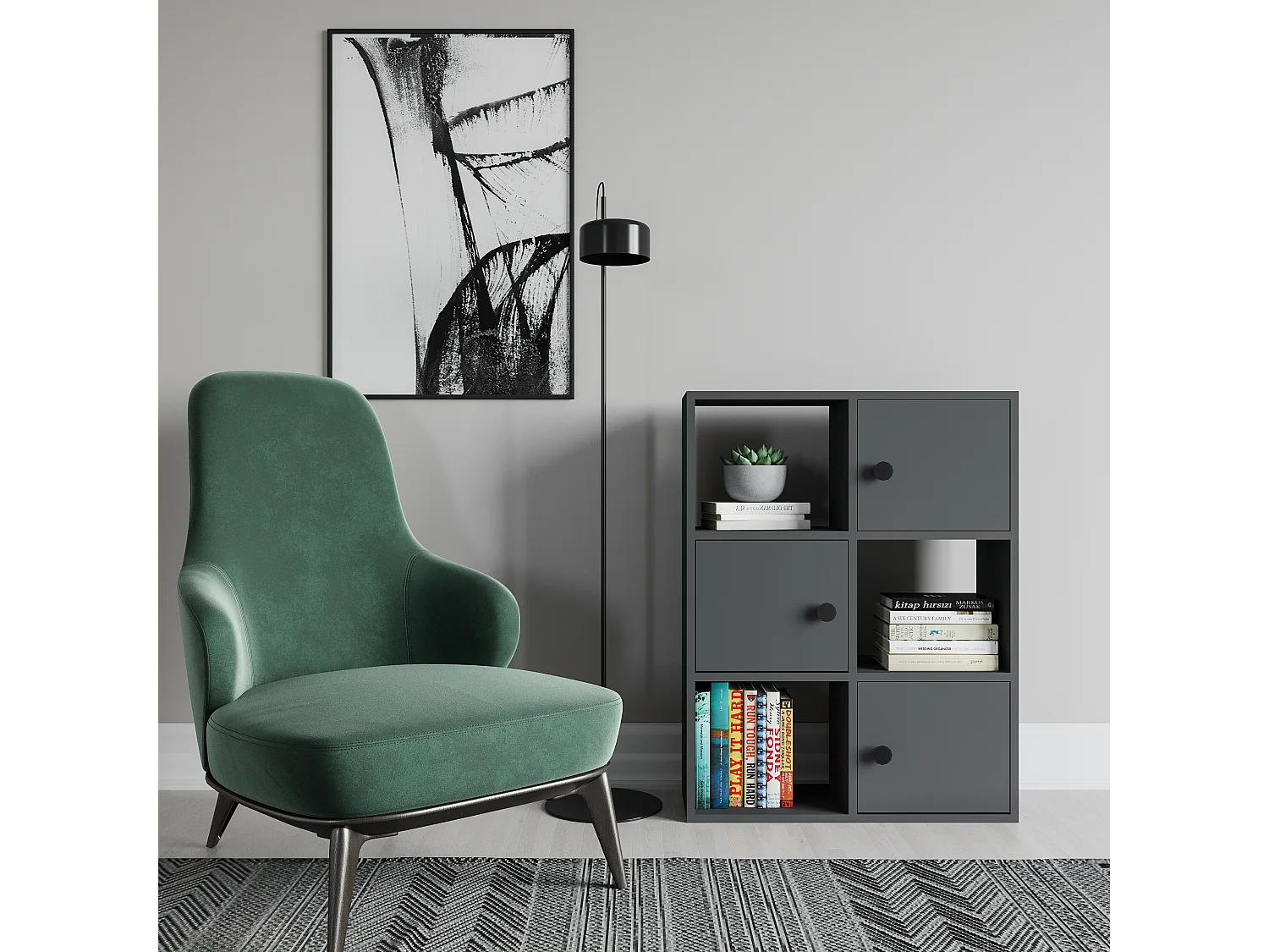 Bibliothèque Tilton 94 cm Armoires et Etagères ouvertes (Anthracite)