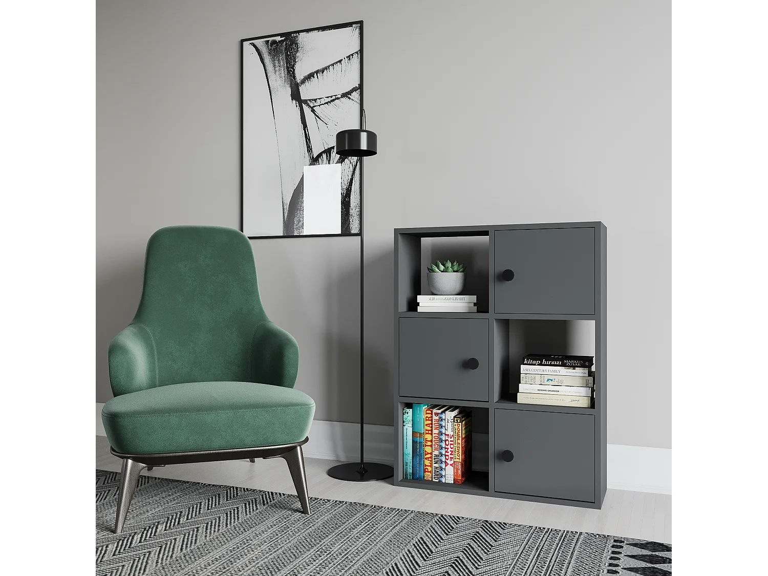 Bibliothèque Tilton 94 cm Armoires et Etagères ouvertes (Anthracite)