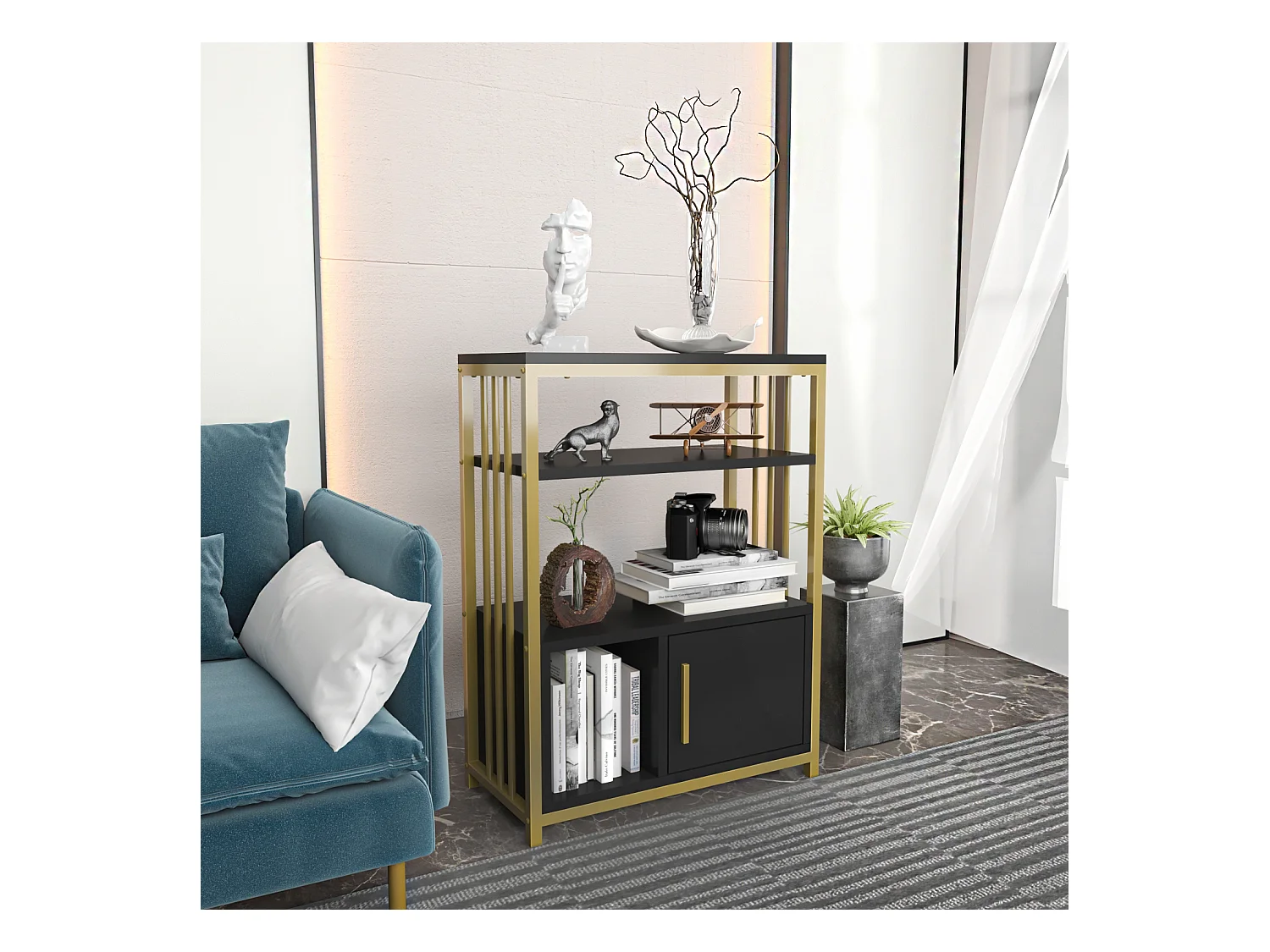 Bibliothèque Letos avec le cadre en métal et armoire, design stylistique (Anthracite et Doré)