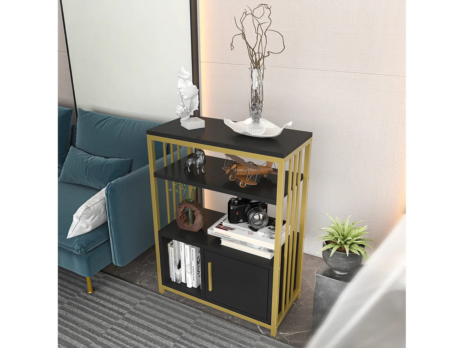 Bibliothèque Letos avec le cadre en métal et armoire, design stylistique (Anthracite et Doré)