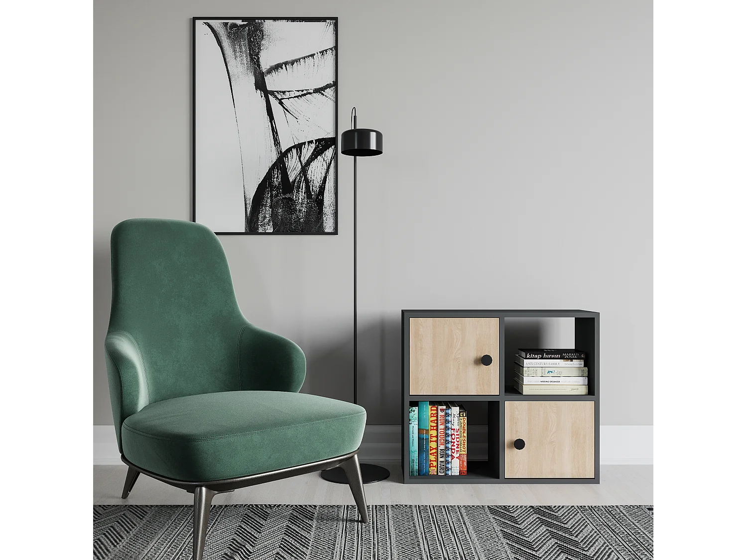 Bibliothèque Tuttle minimaliste avec deux étageres et deux armoires 63 cm H  (Anthracite et chêne)