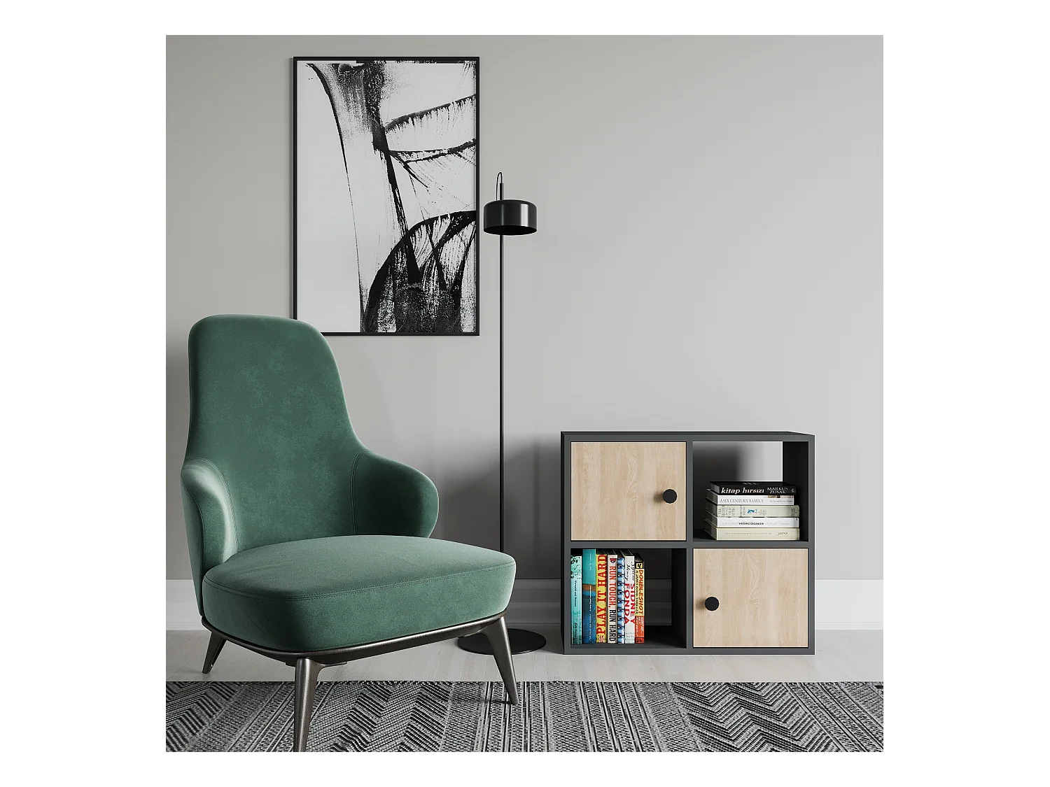Bibliothèque Tuttle minimaliste avec deux étageres et deux armoires 63 cm H  (Anthracite et chêne)