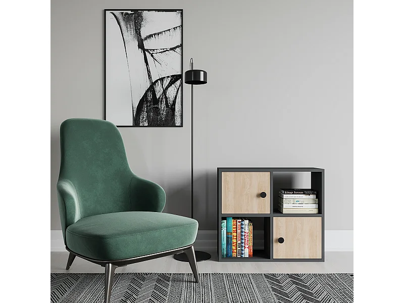 Bibliothèque Tuttle minimaliste avec deux étageres et deux armoires 63 cm H  (Anthracite et chêne)