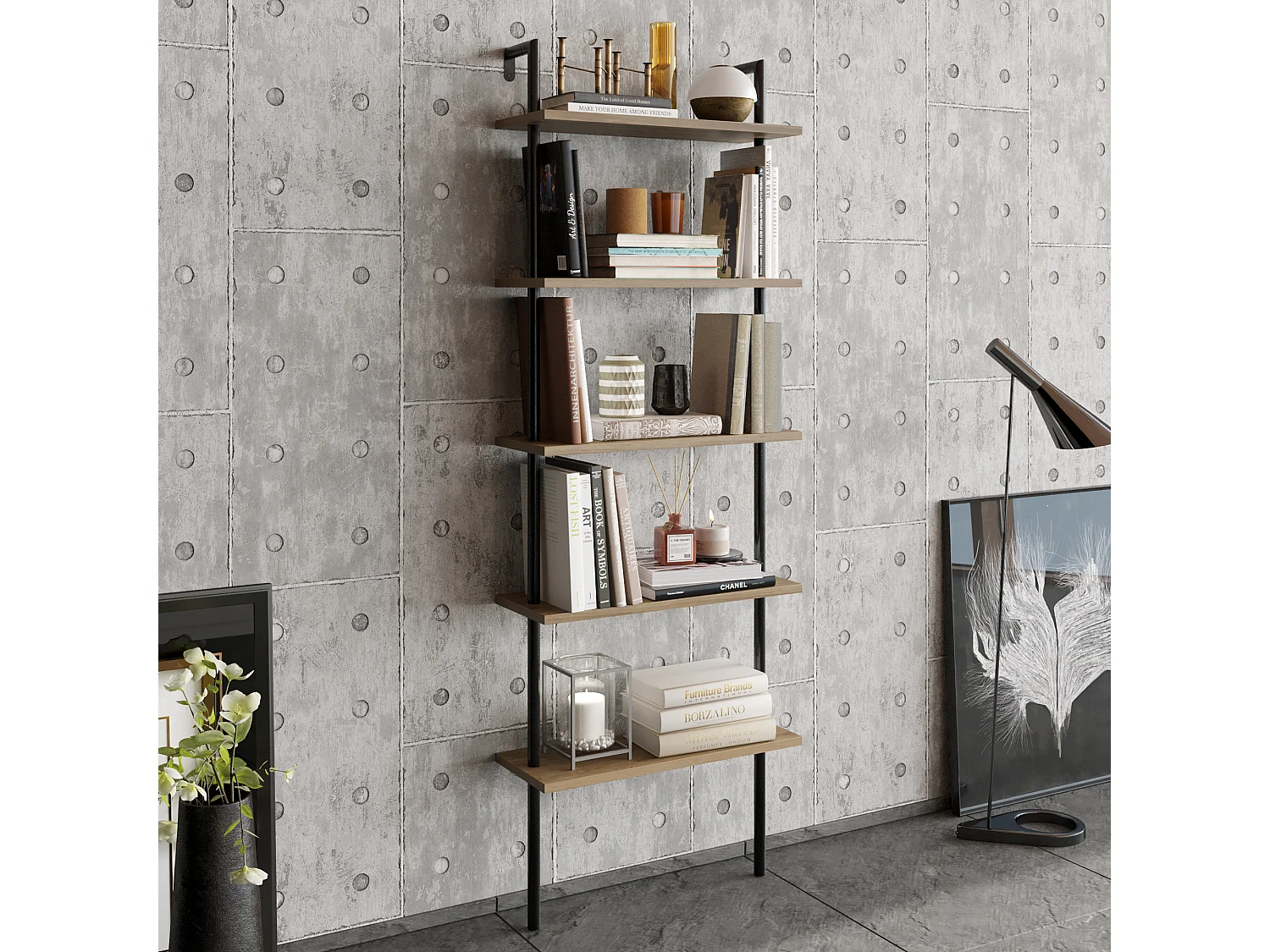 Bibliothèque murale Paula 5 Étagères decorative et durable (Noir et Oud)