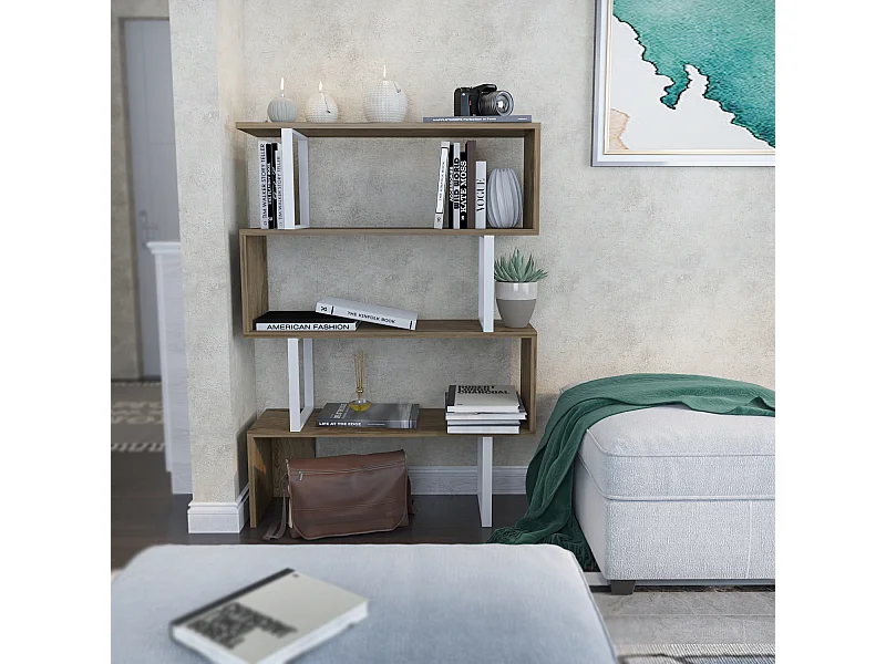 Bibliothèque Adriana, metal et panneaux particules, 5 étagères  (Oud et Blanc)