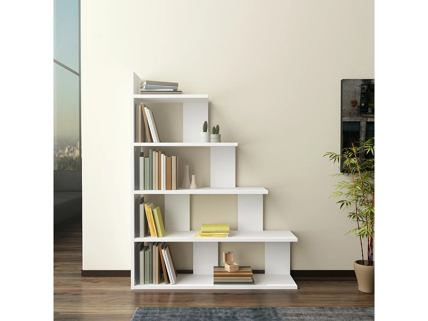 Bibliothèque échelle 120 cm et 5 étagères, design reversible (Blanc)