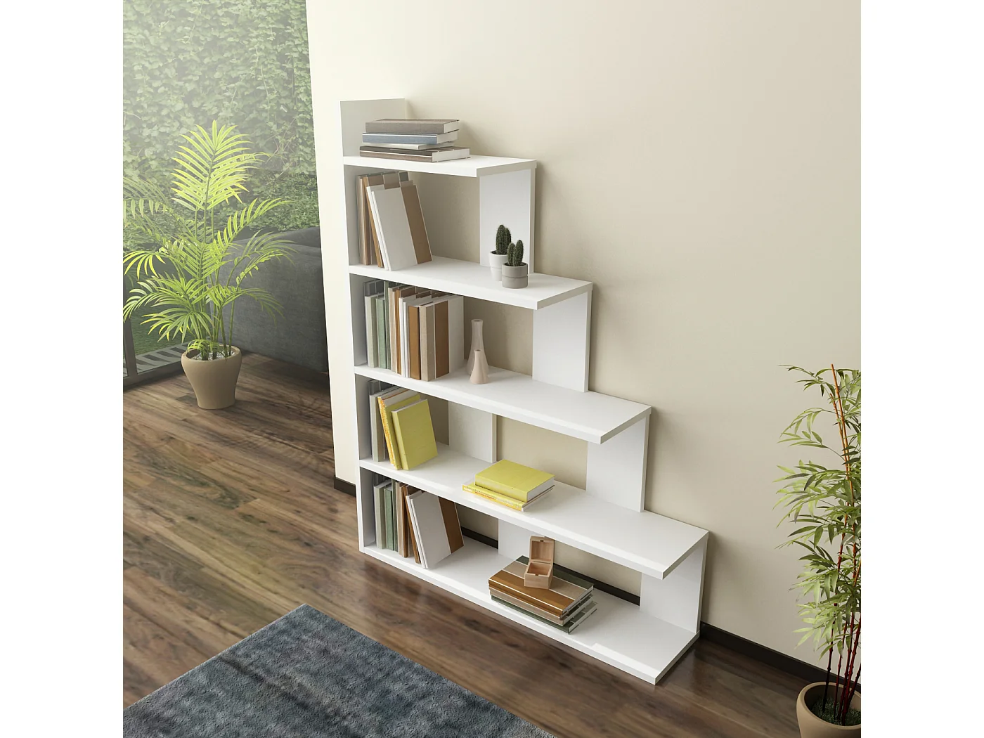 Bibliothèque échelle 120 cm et 5 étagères, design reversible (Blanc)
