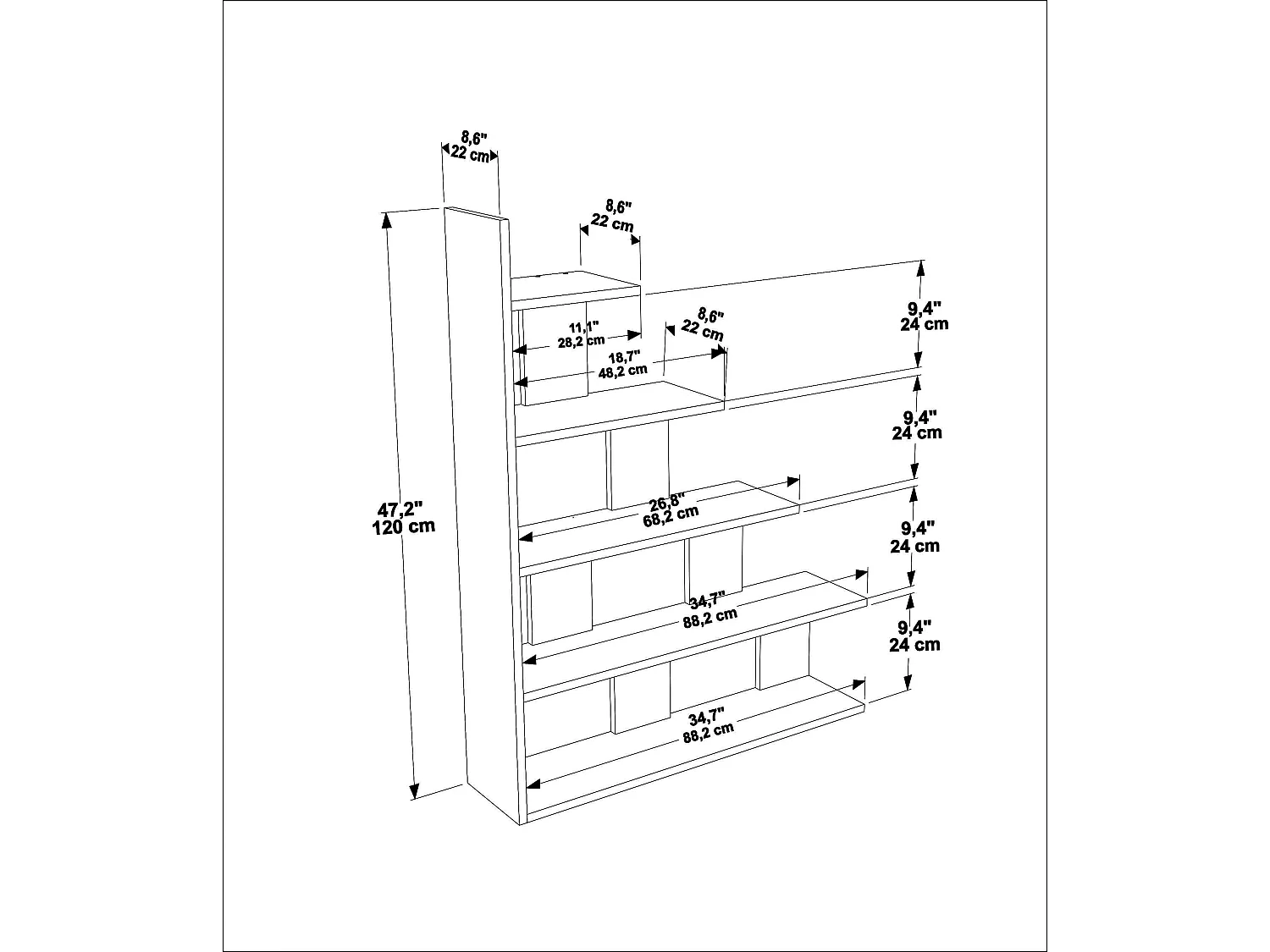 Bibliothèque échelle 120 cm et 5 étagères, design reversible (Blanc)