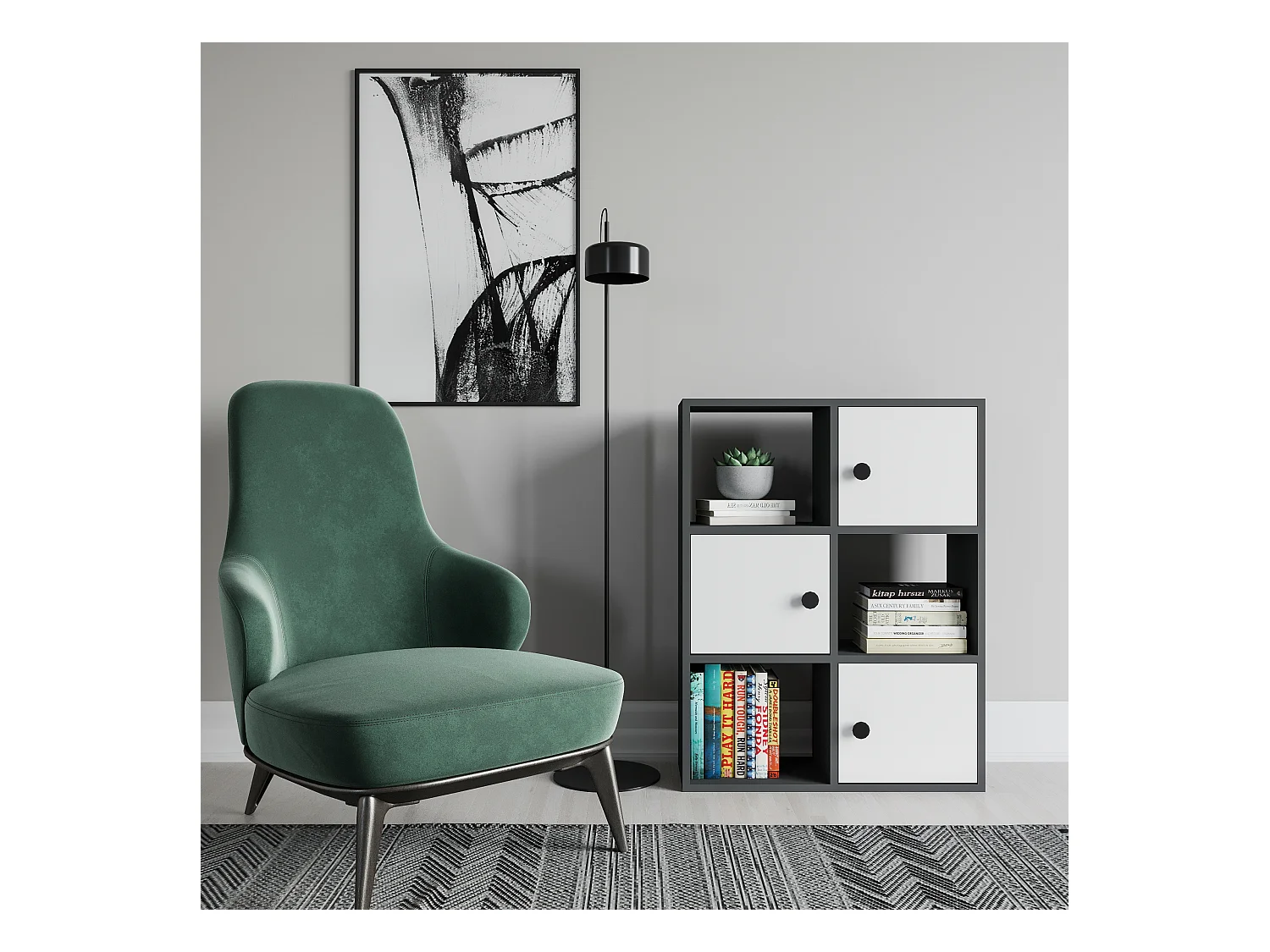 Bibliothèque Tilton 94 cm Armoires et Etagères ouvertes (Anthracite et Blanc)