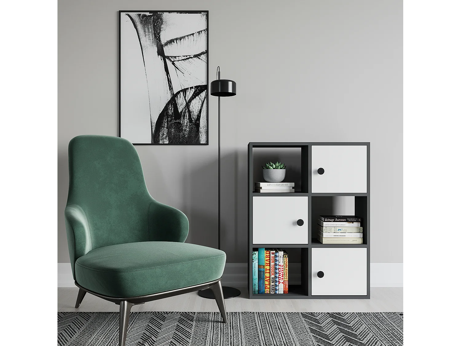 Bibliothèque Tilton 94 cm Armoires et Etagères ouvertes (Anthracite et Blanc)